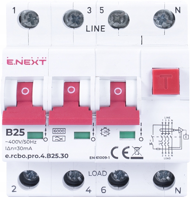 Proudový spínač s nadproudovým členem Rcbo 4P B25 30mA