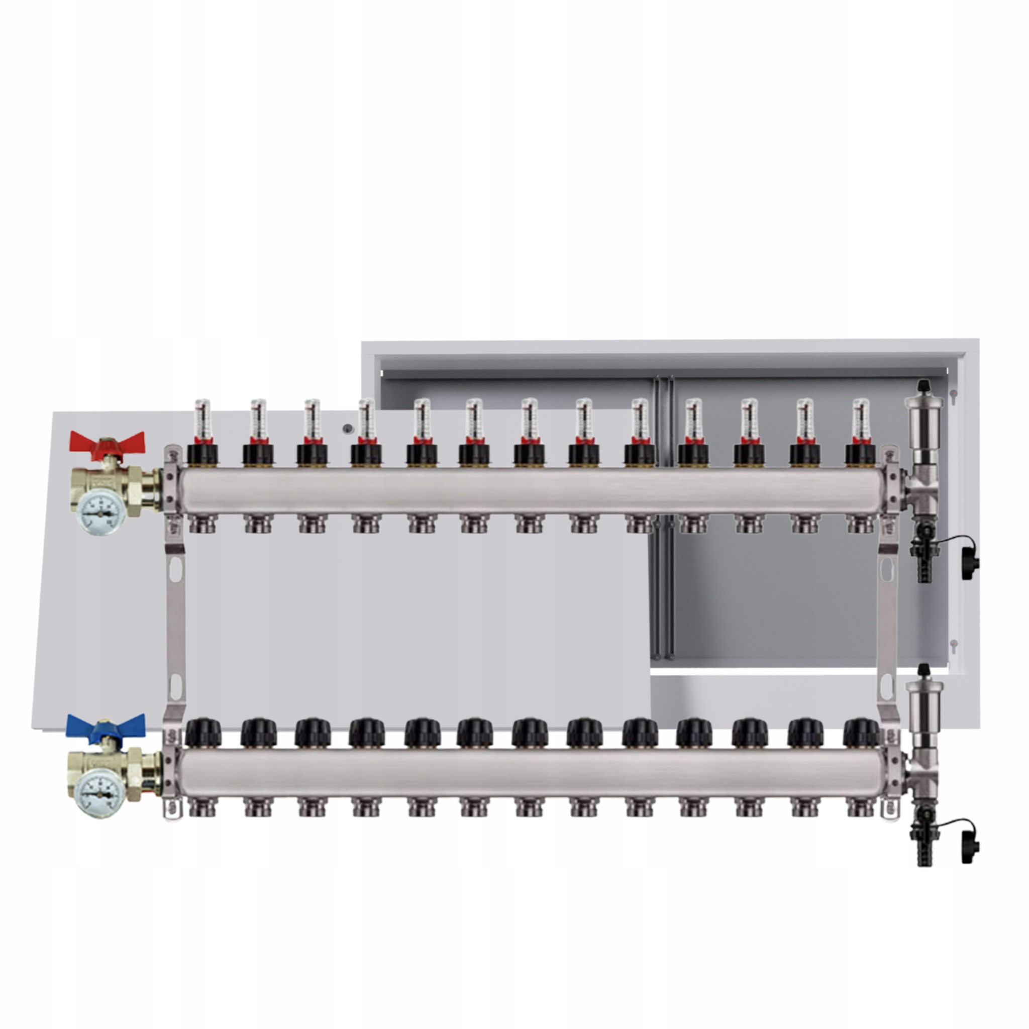 Nerezový rozdělovač podlah 13 okruhů nástěnná skříňka ventily