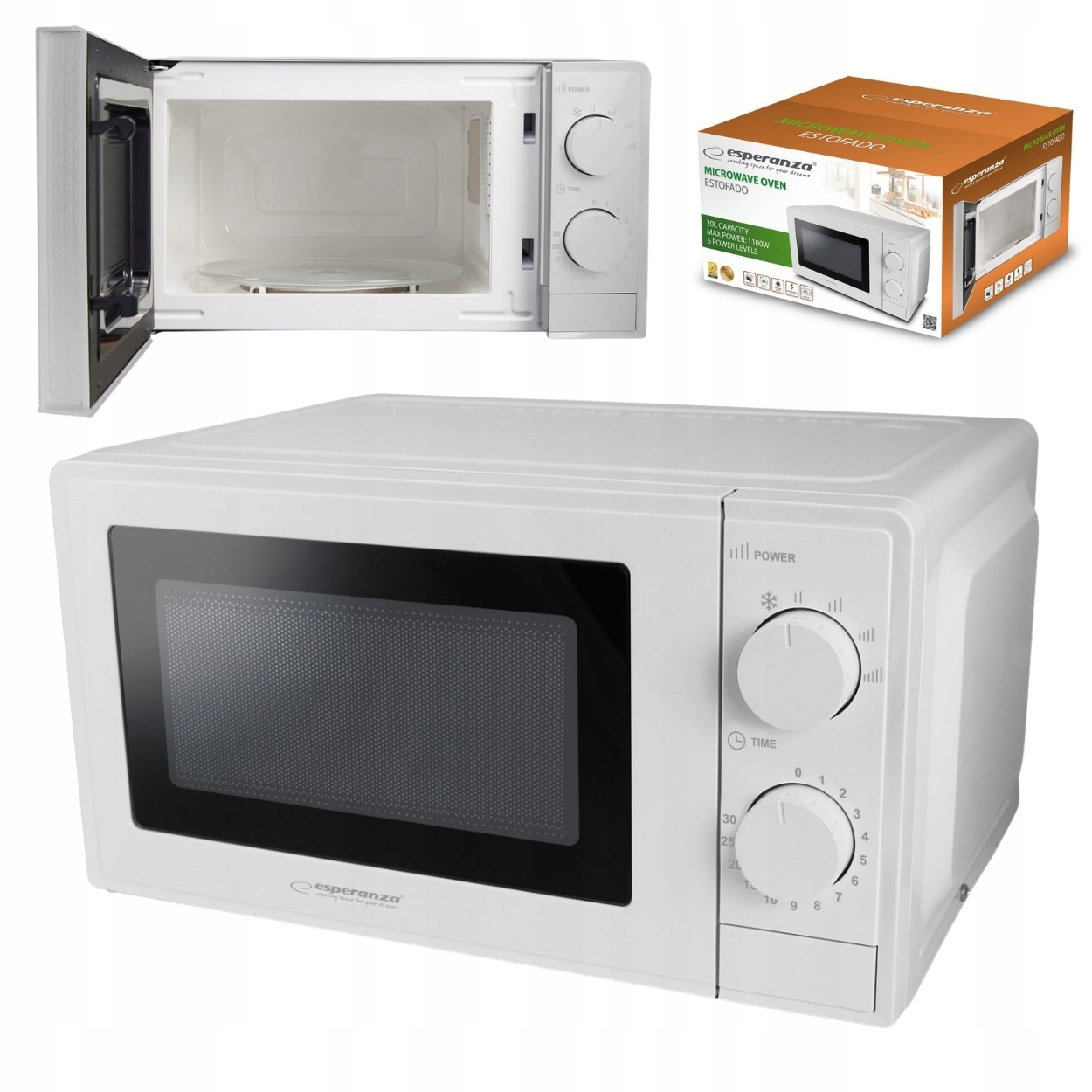 Voľne stojaca mikrovlnná rúra Esperanza Estofado EKO011W, biela, 700W, 20L