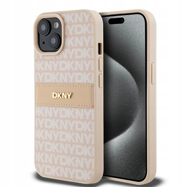 Pouzdro Dkny Leather Mono Stripe & Metal Logo pro iPhone 15 Plus 14 Plus růžové