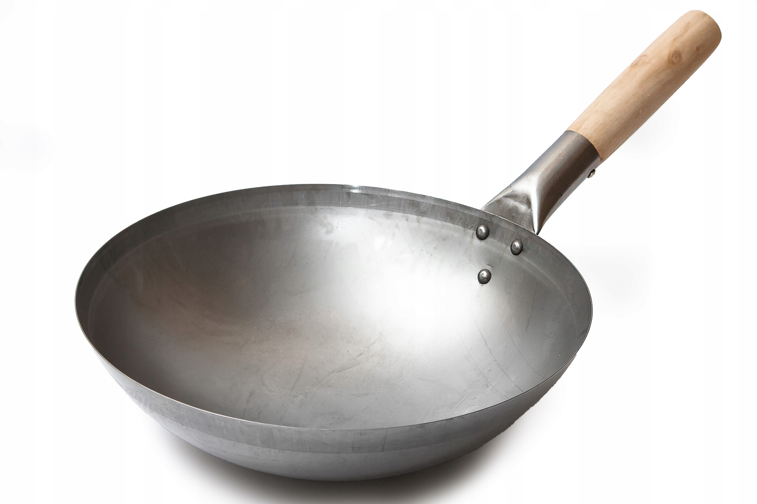 Pánev Wok z uhlíkové oceli 30 cm Kulaté dno, dřevěná rukojeť