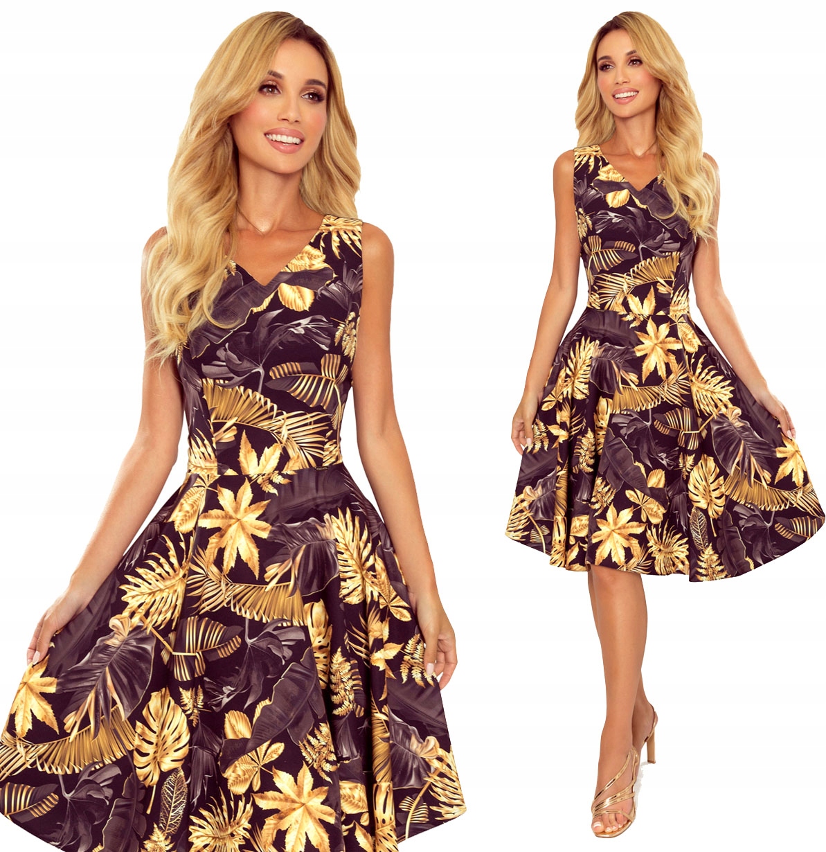 Roztomilá Rozevřená Šaty Před Kolenem Na Ramínka Zlaté Listy 2XL