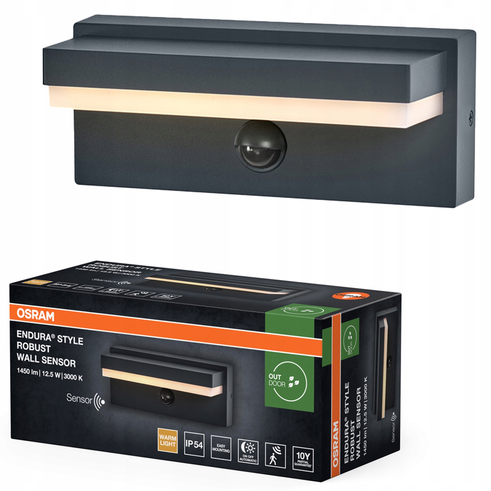 Záhradné nástenné svietidlo Led Snímač pohybu súmraku 12.5 W 3000K IP54 Endura