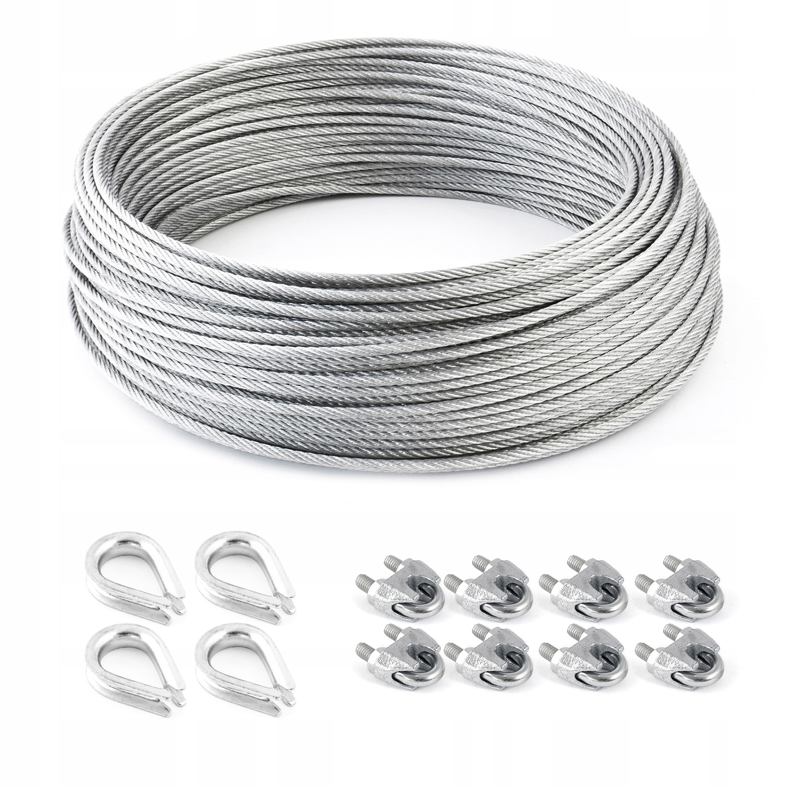Lanový set pozinkované lano 4 mm 6x7 100 m 4 x kauše 4 mm 8 x svorky 4 mm