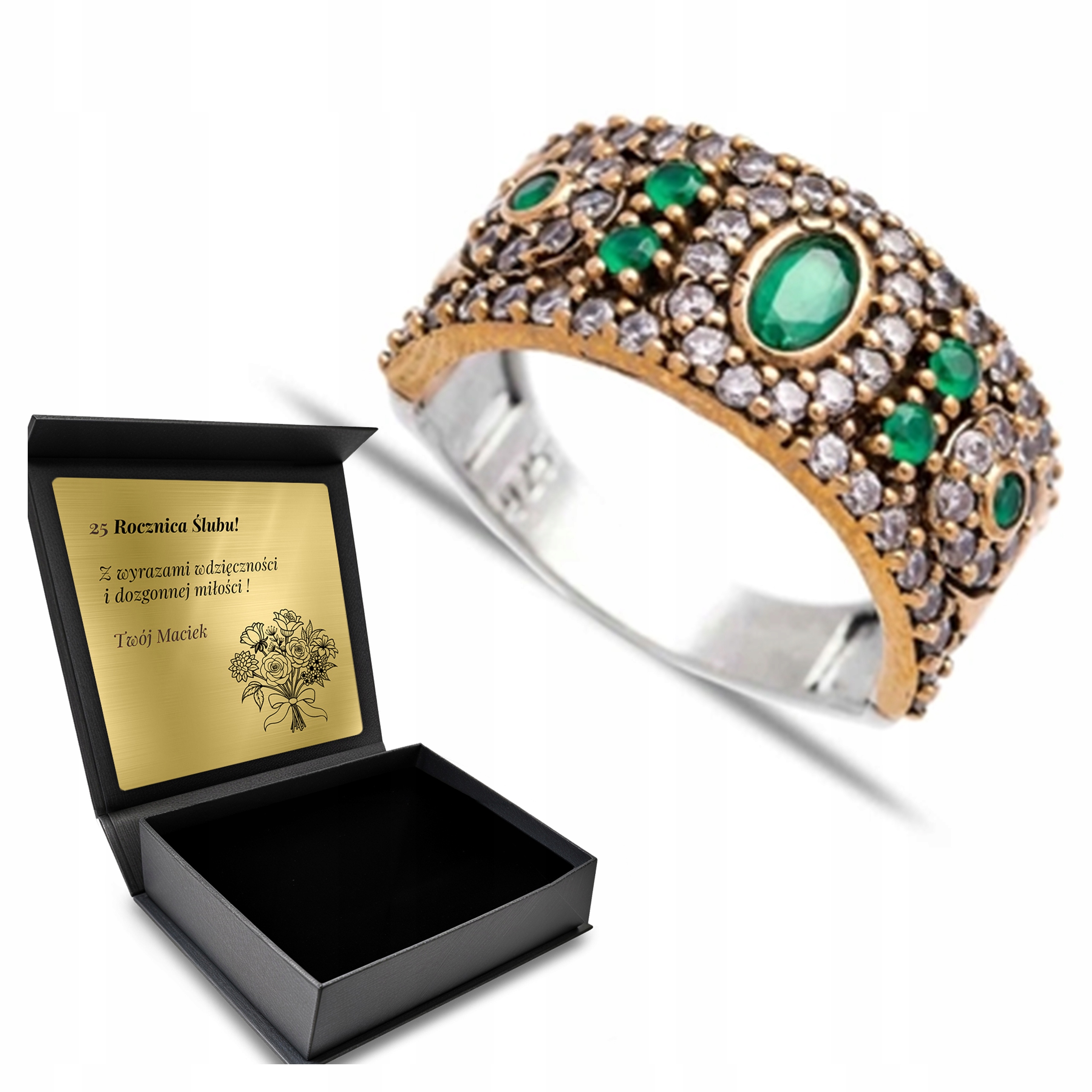 Prstýnek 925 S Smaragdovými Zirkony pro ženy Gravírování Bonus