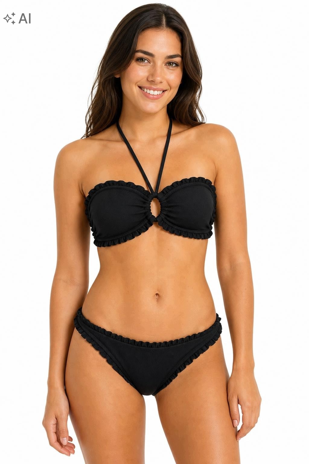 Černý Bikinový Plavkový Oblek Typu Bandeau S Volánky M 2DA