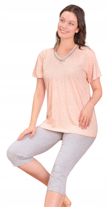 Klasické Broskvové Pyžamo Tričko Šedé Rybářské Kalhoty 3/4 XXL