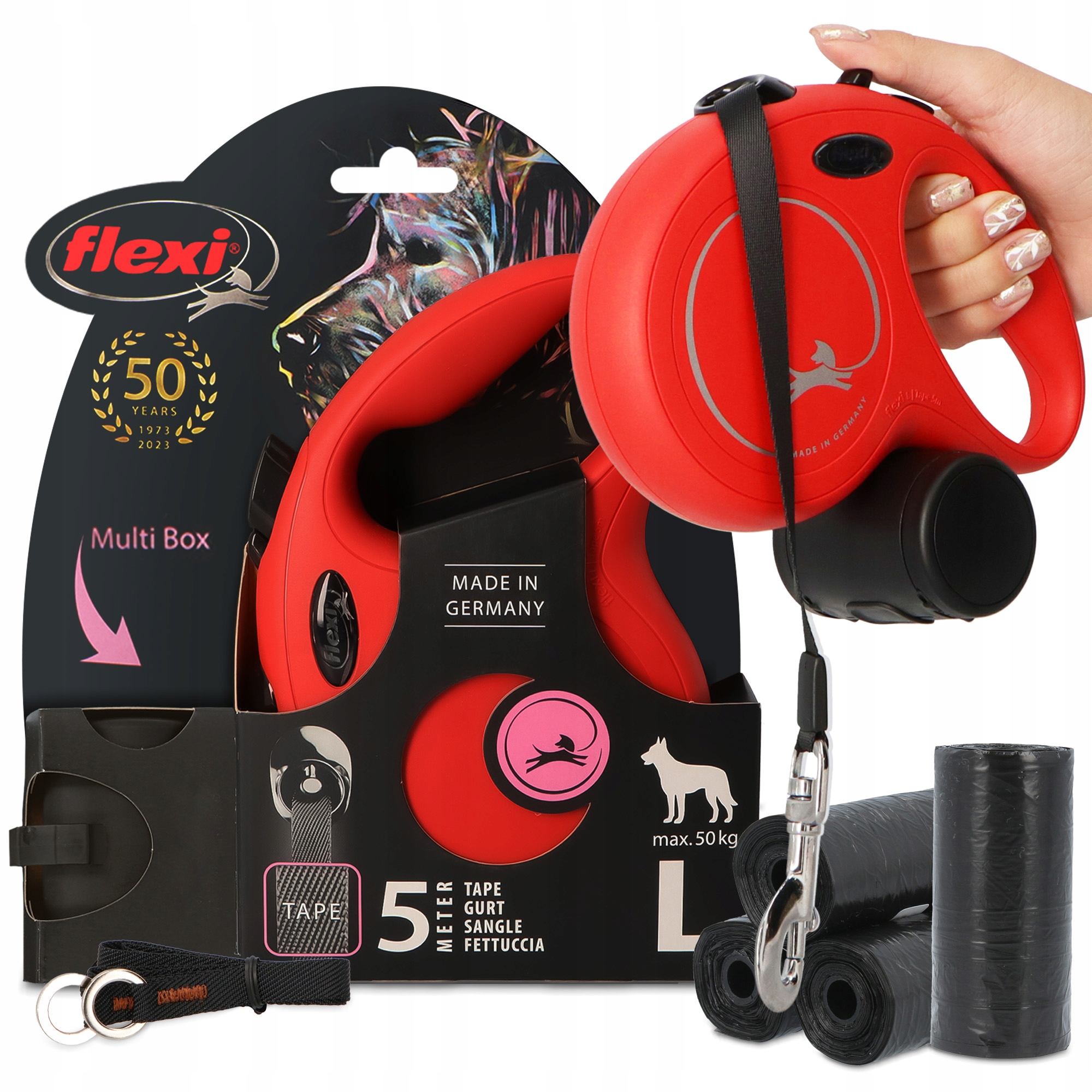 Levně Vodítko Automatická pro psa 50 kg Páska 5 m Kontejner Multi Box Sáčky Hovínka x8 3O