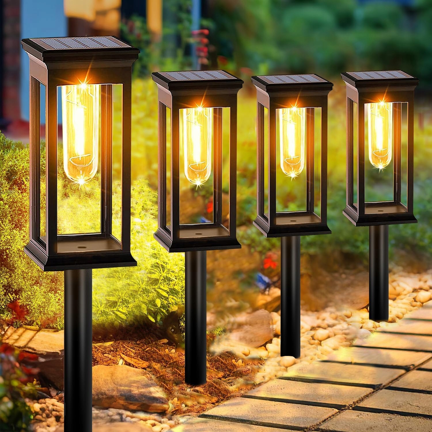 4x Set Zahradní lampa Solarna Led zapichovací Lucerna Žárovka Filament