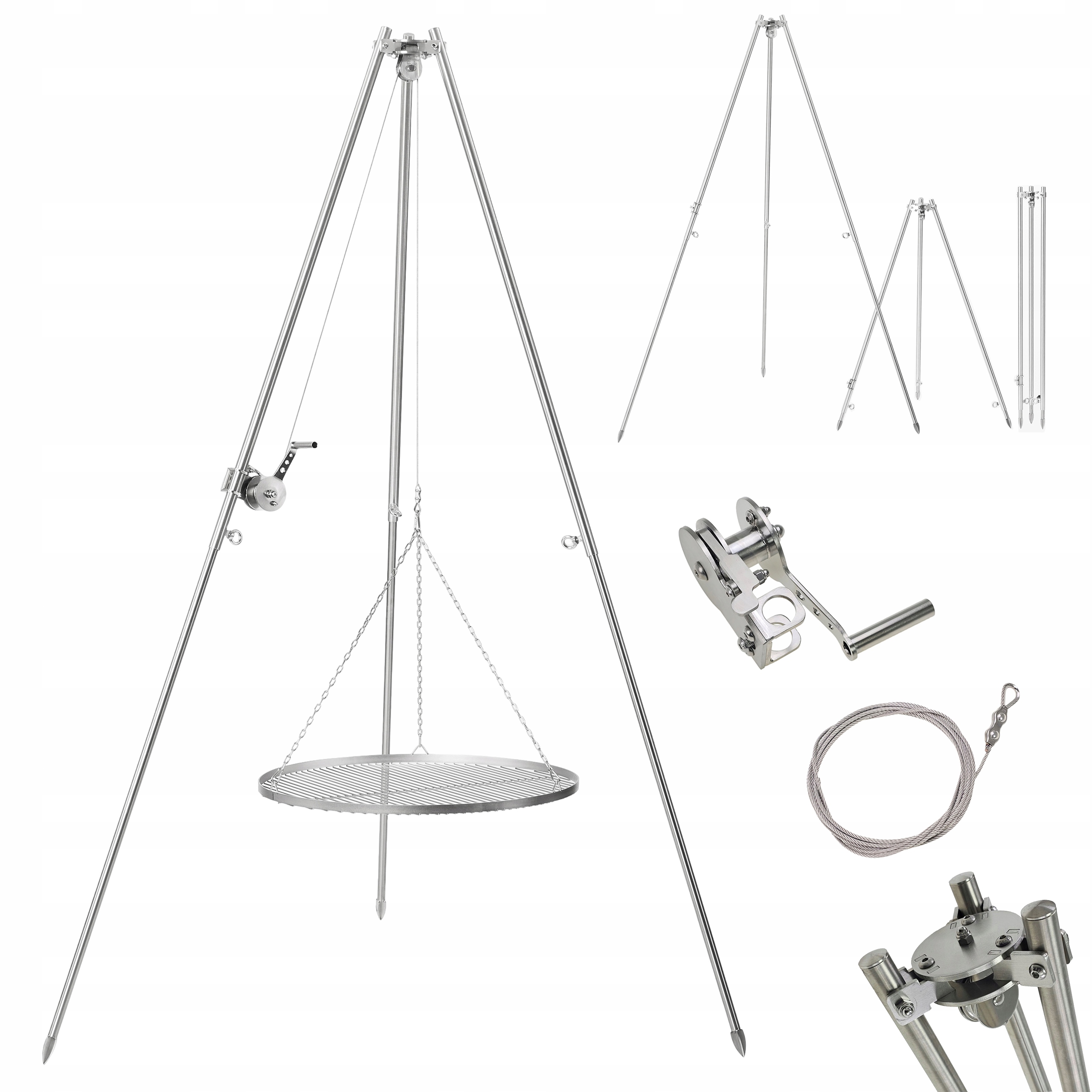 Grill ogrodowy trójnóg duży nierdzewny z rusztem 70cm zestaw Premium