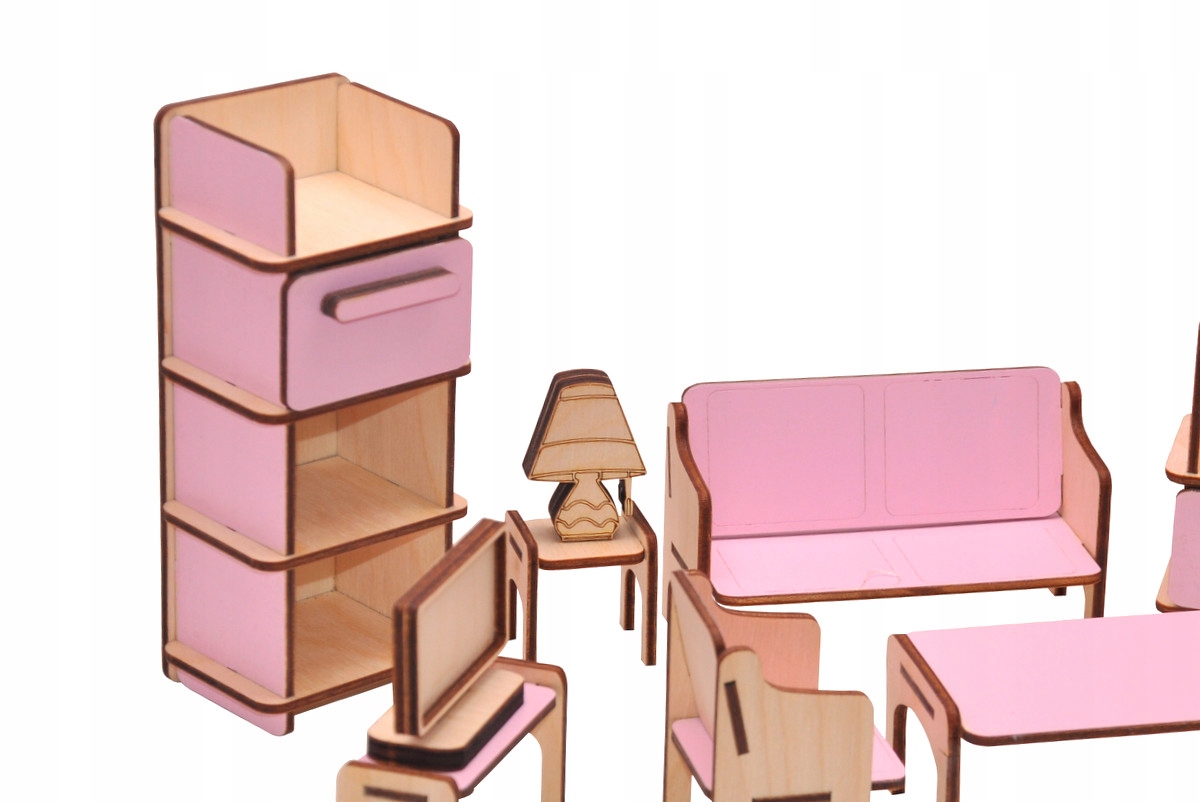 MEBELKI RÓŻOWE ZE SKLEJKI DLA LALEK MEBLE DO SALONU DO DOMU DLA LALEK Marka inna