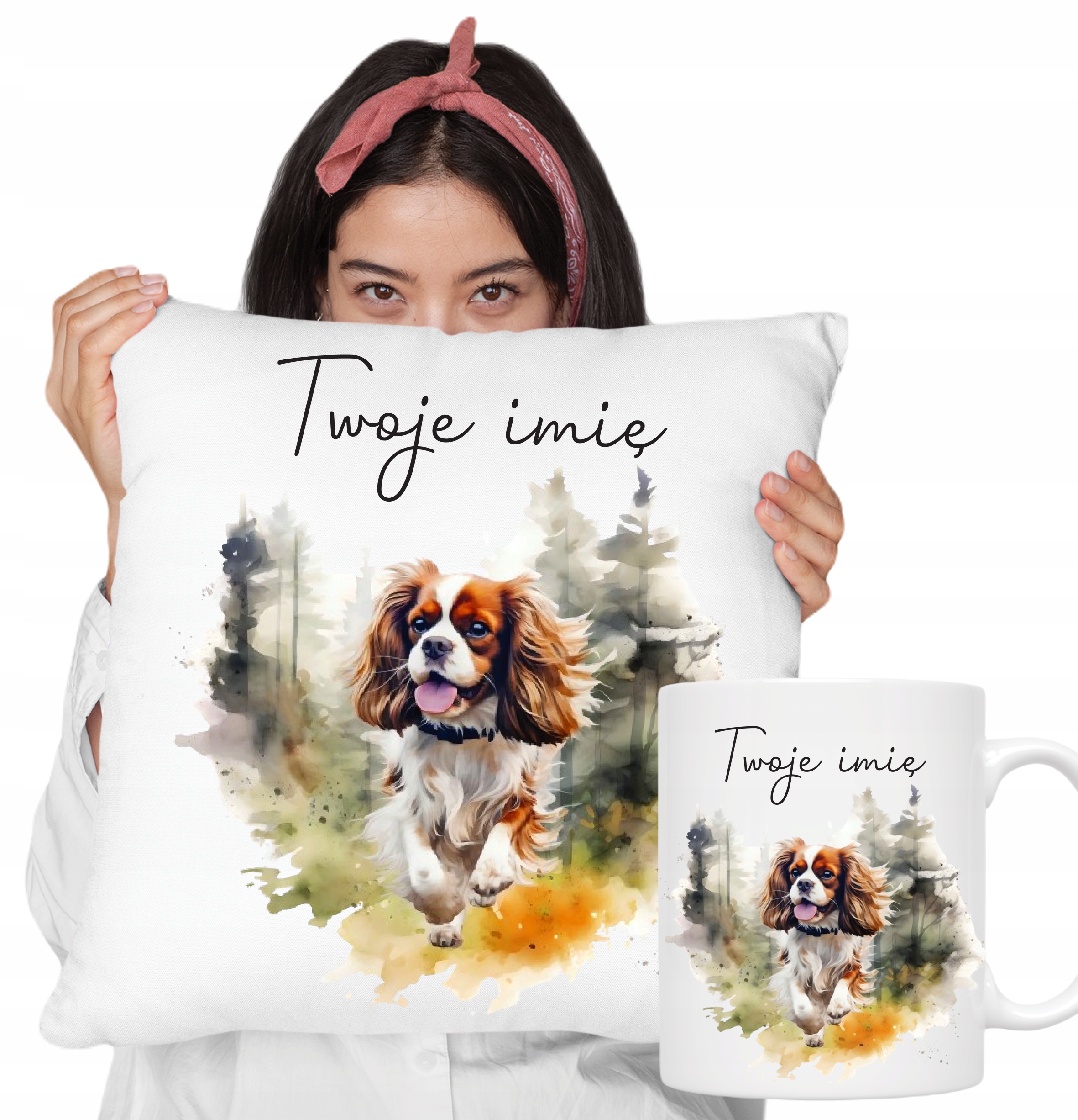 Zestaw Kubek Poduszka z Cavalier King Charles Spaniel pies dowolne imię