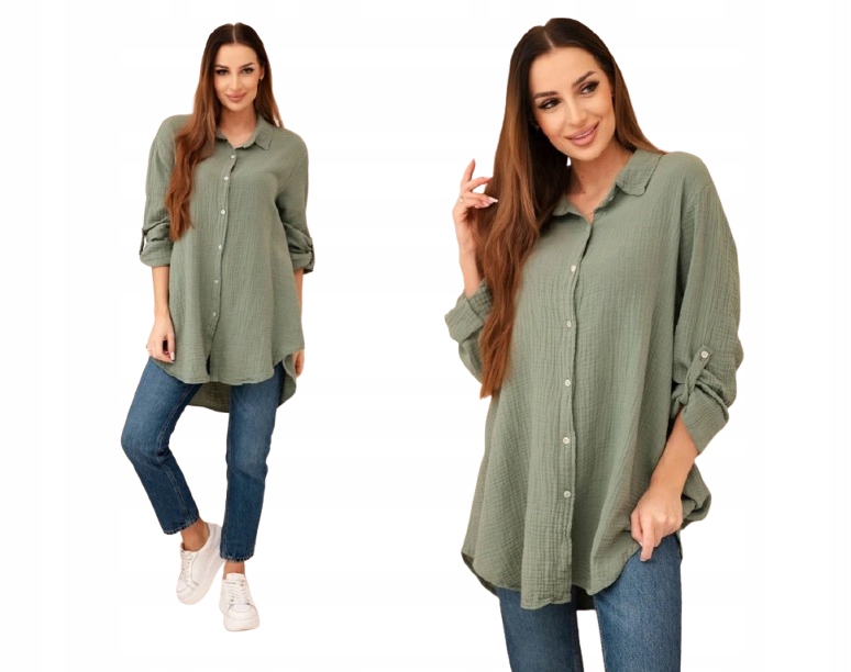 Muślinowa Bawełniana Koszula Plus Size Khaki