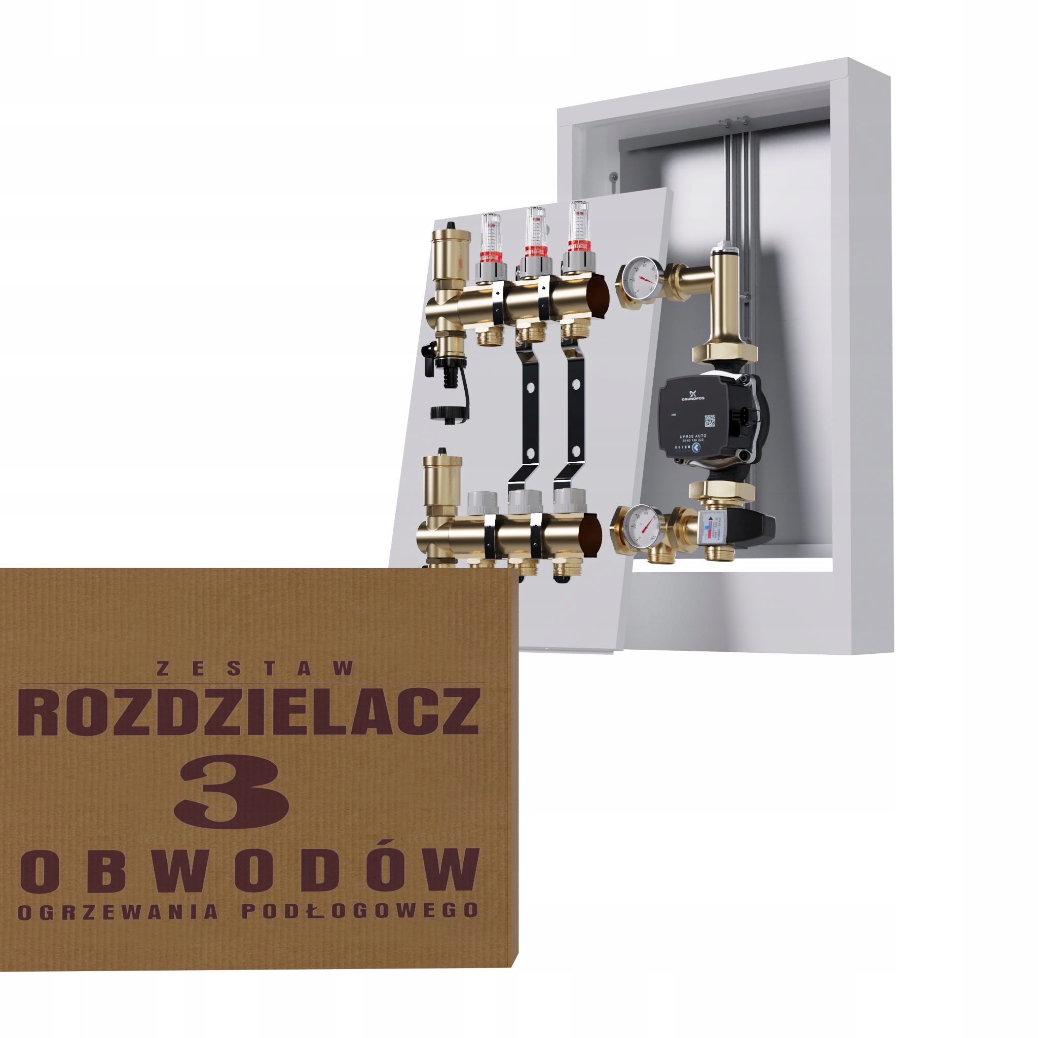 Rozdeľovač na podlahu, 3 okruhy s čerpadlom Grundfos nástenná skrinka