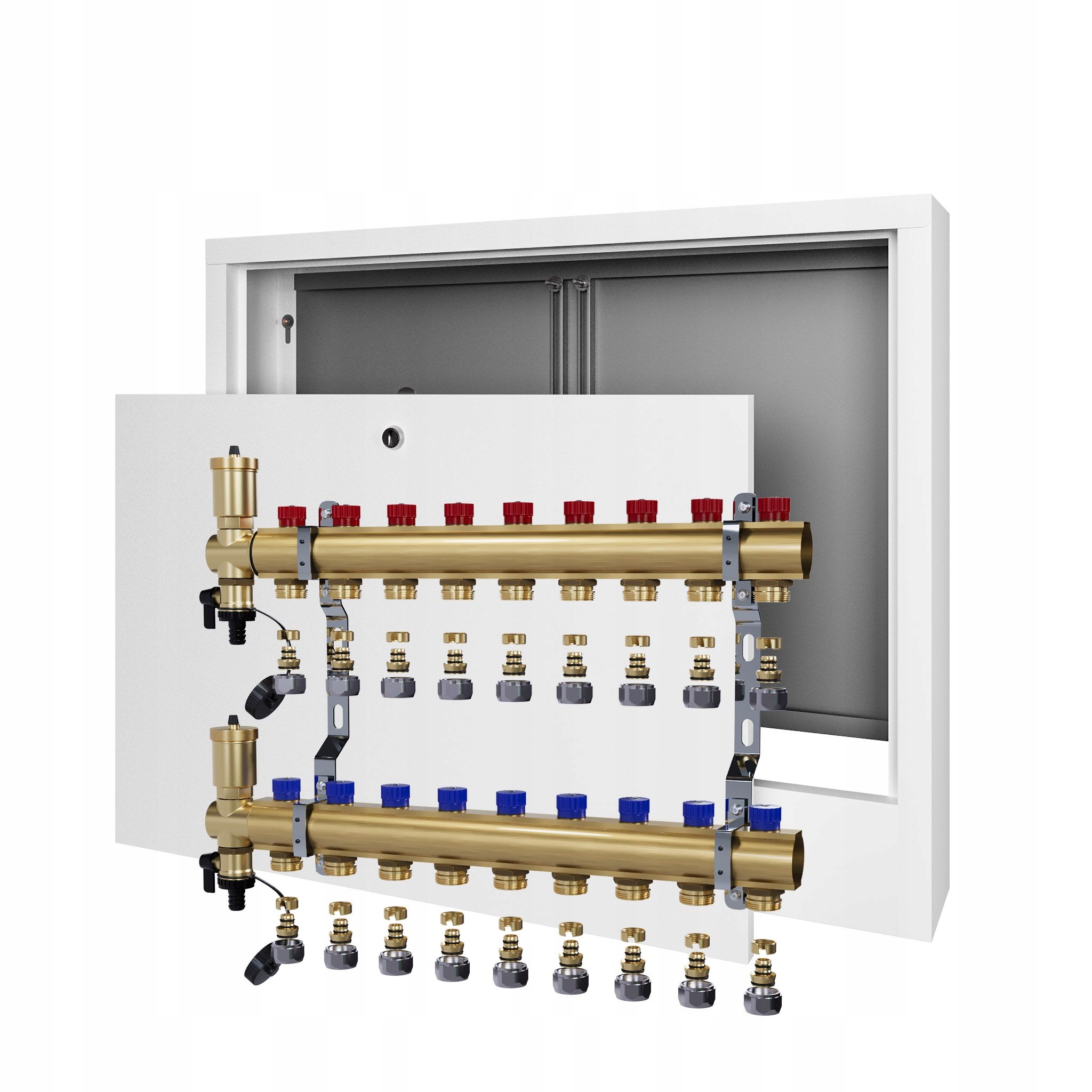 Manuální rozdělovač 9 okruhů radiátorového vytápění nástěnná skříňka+PEX