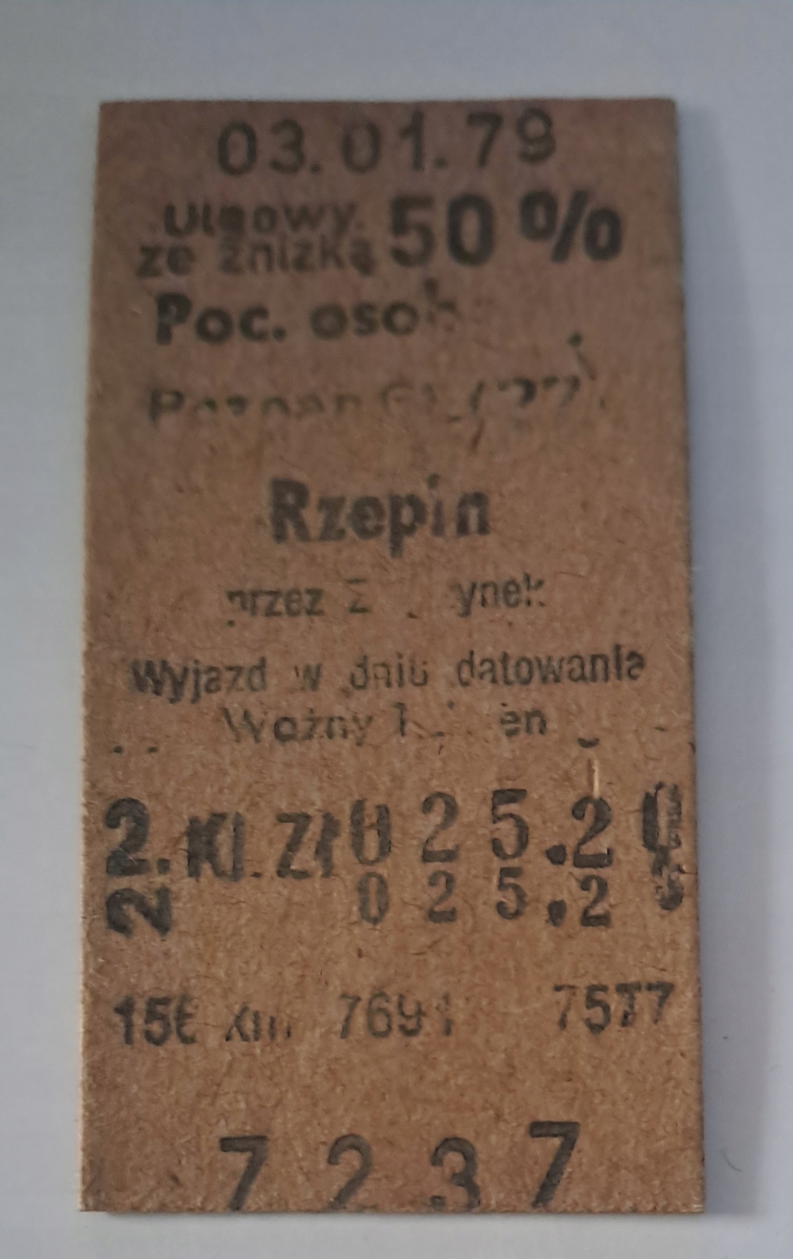 BILET KOLEJOWY KARTONIKOWY PKP POZNAŃ - RZEPIN / ZBĄSZYNEK