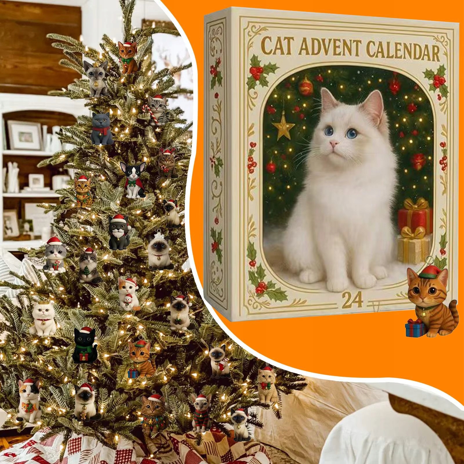 Адвент-календарь с котиками, 24 плоских ёлочных подвески 2D — фото 2