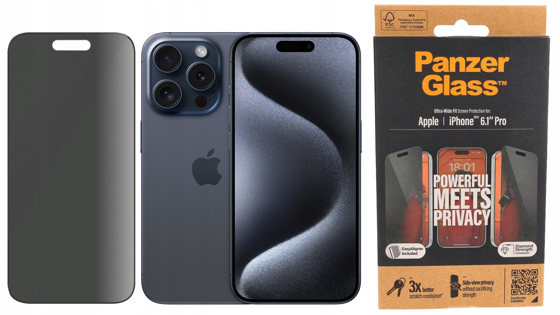 PanzerGlass Sklo Ultra-Wide Fit Privacy pro iPhone 15 Pro, tónované