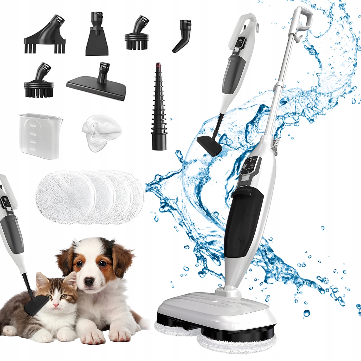 Mop Parowy Z Mopem Obrotowym 1300W 3 Bar Biały 4 Ściereczki Do Mopa