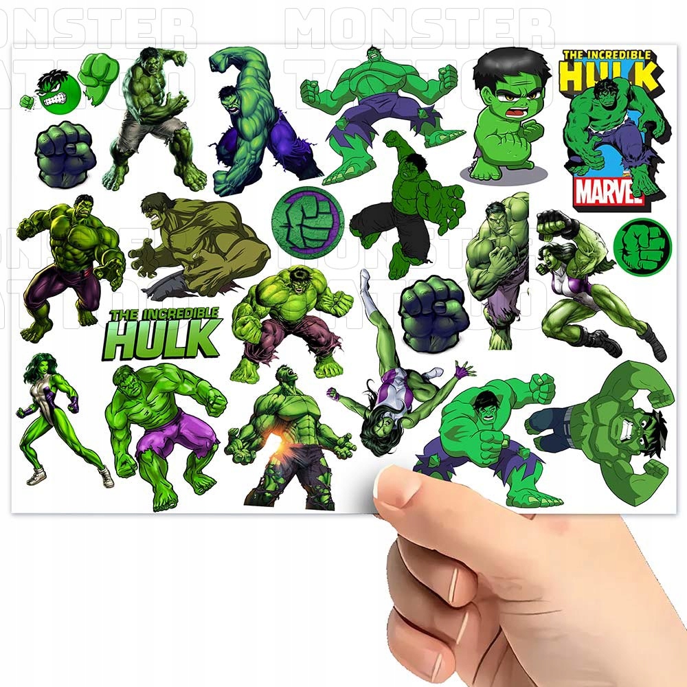 TATUAŻE ZMYWALNE TYMCZASOWE DLA DZIECI DZIECIĘCE HULK WZORY ORYGINALNE Typ naklejka