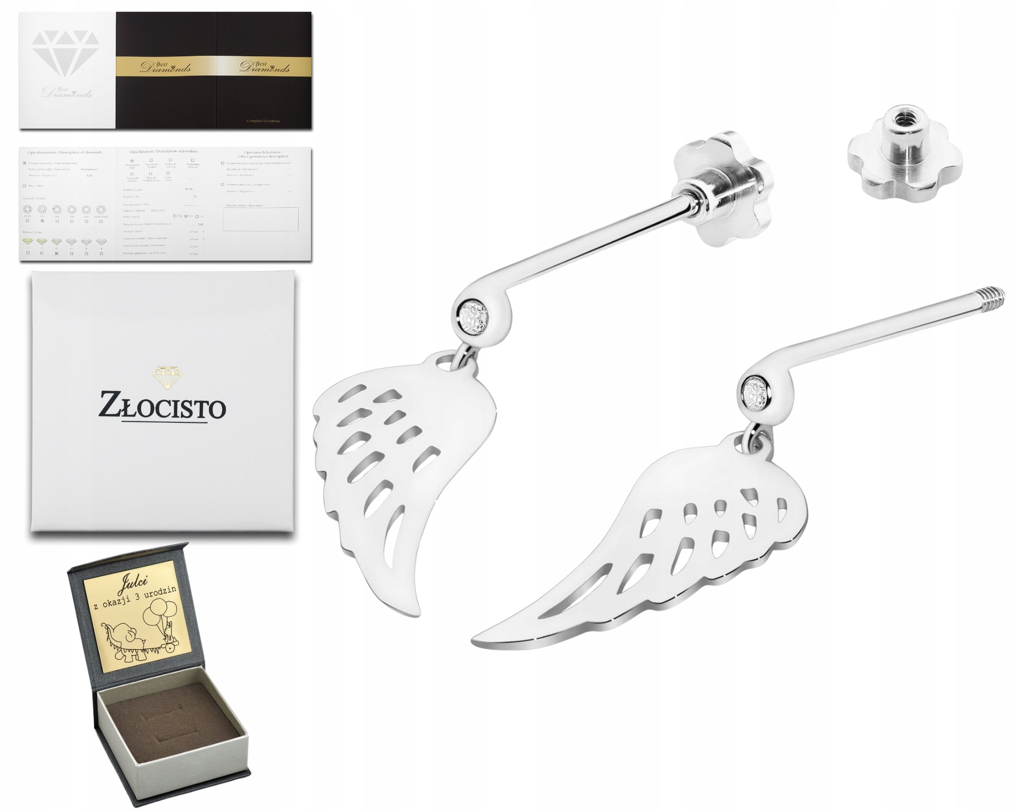 Bílé Zlato Náušnice S Křídly A Briliantem Na Šroubovací Tyči Zlato 585