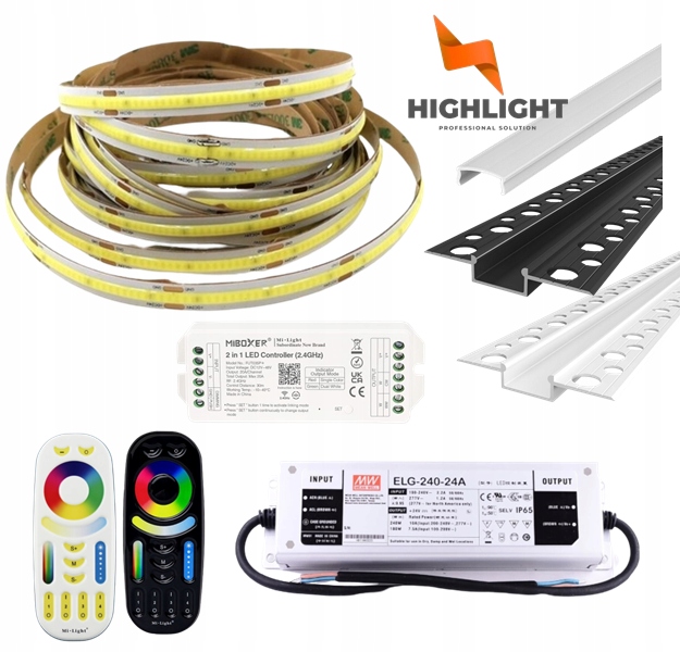 20m Sada Fasáda Led pásik Cob MoNo 10W 24V IP65 Profil Biela/Čierna