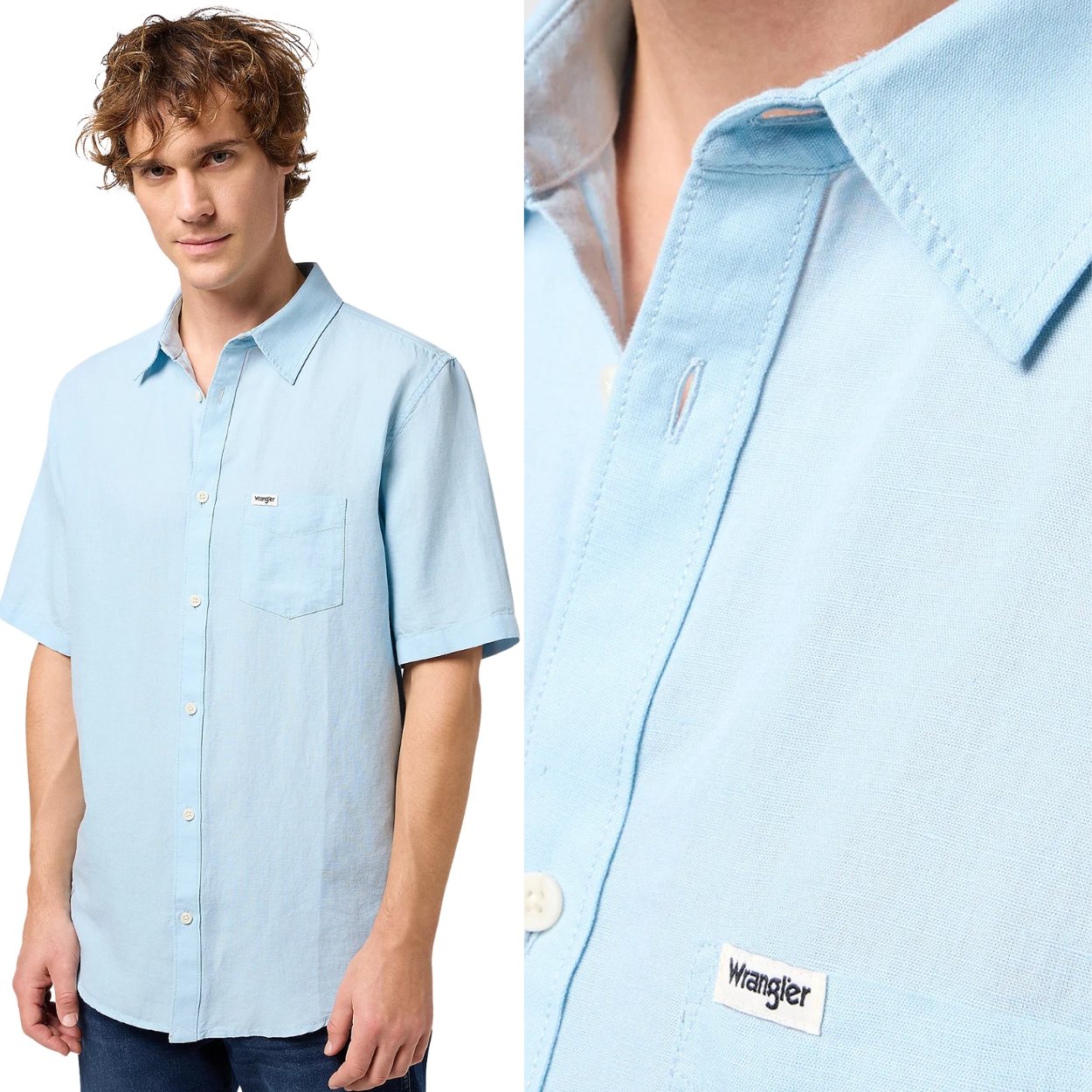 Wrangler 1 Pocket Shirt Dream Blue Modrá Lněná Košile S Krátkým Rukávem M