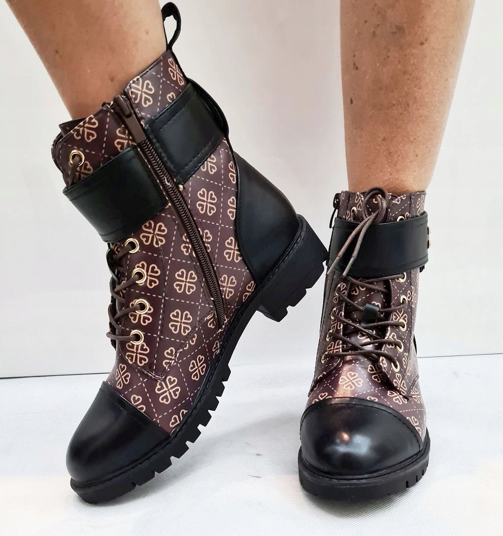 NOWE CZARNE CZARNO BRĄZOWE BOTKI BUTY WE WZORKI 39 Rozmiar 39