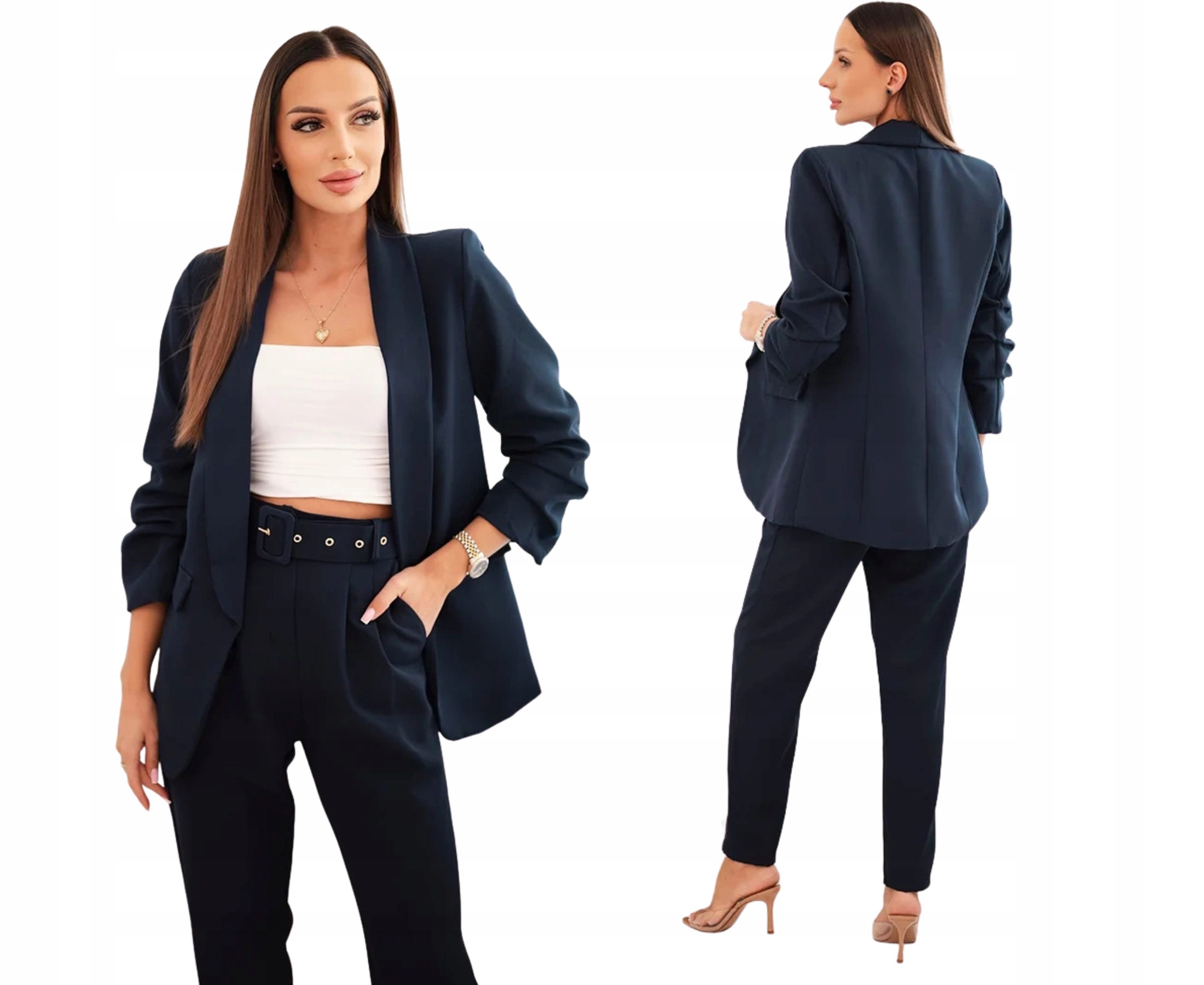 Tmavě modrý elegantní dámský komplet – sako a kalhoty s páskem