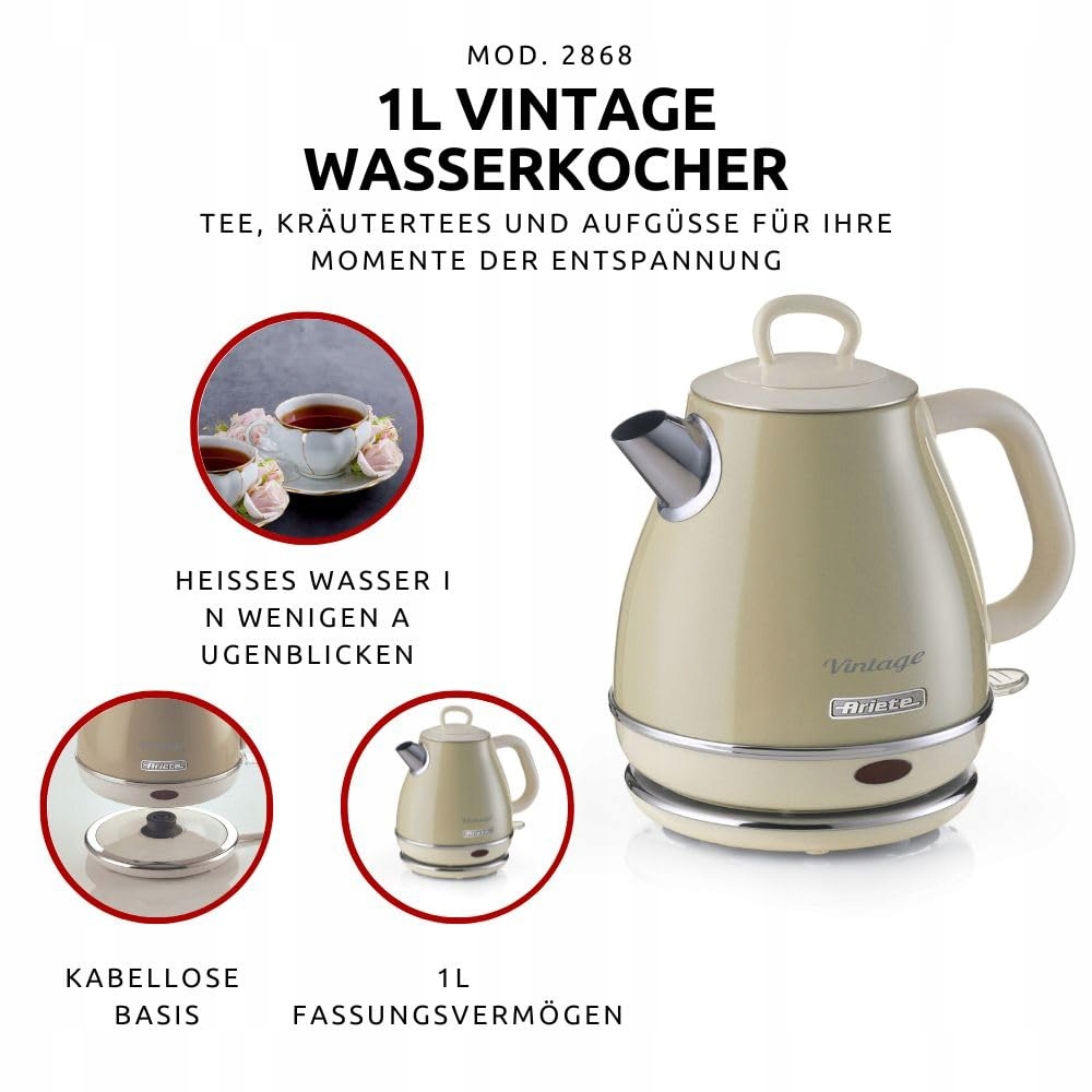 ARIETE Vintage Czajnik Elektryczny Retro Bezprzewodowy 1L 1600W Beżowy — miniatura 5