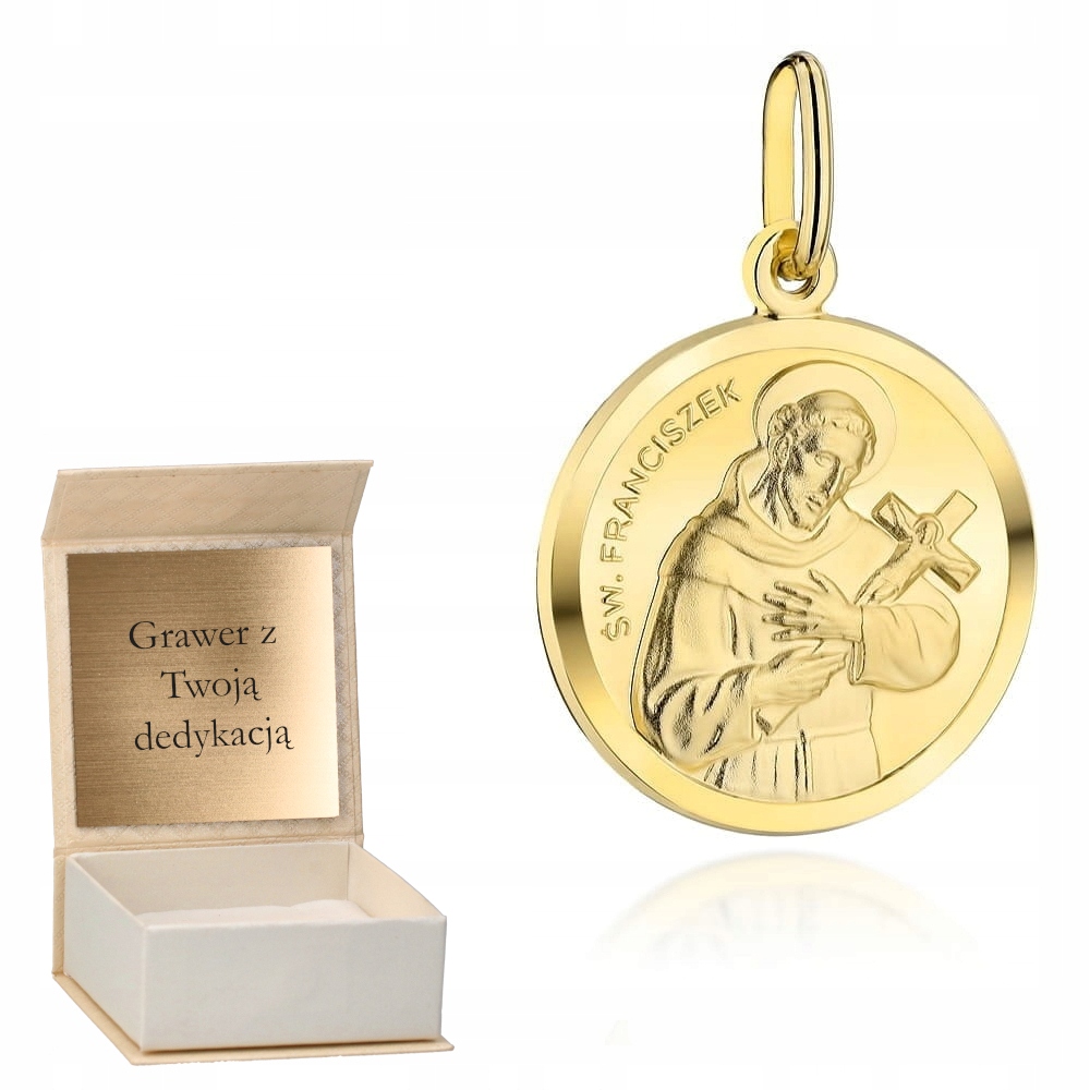 Zlatý přívěsek Medailon svatý František zlato ryzost 585 Gravírování