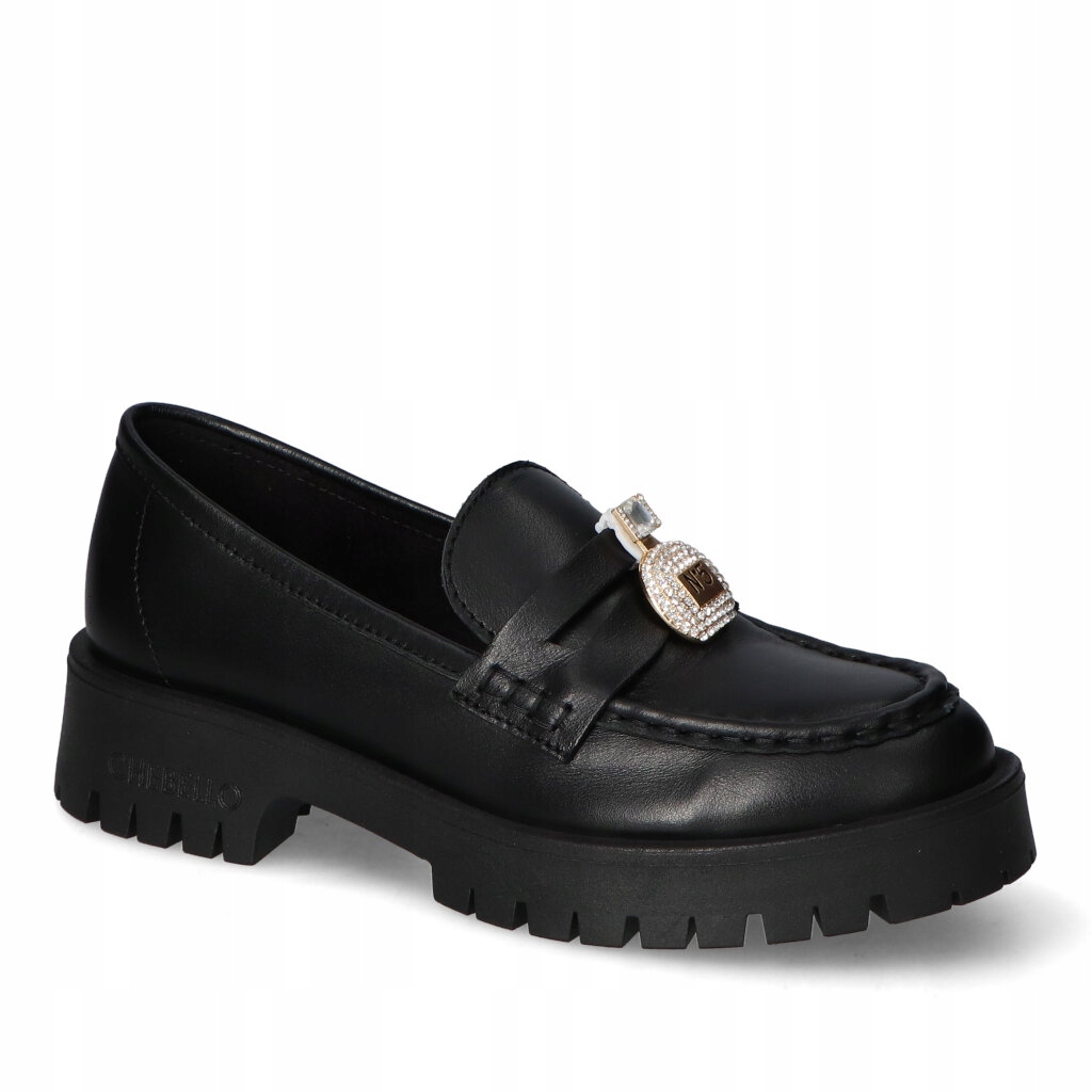 Stylové mokasíny CheBello Černé Lico s ozdobou Zirkony Kožené 40