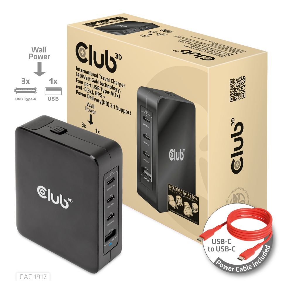 Club3D cestovní nabíječka 140W GaN technologie, 3xUSB-C, 1xUSB-A, Pps …
