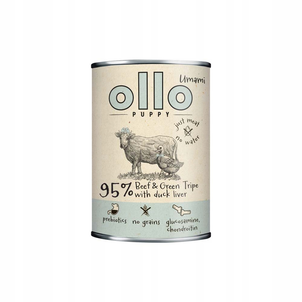 Ollo Puppy Umami Hovězí, Zelené dršťky s kachními játry 8x400g