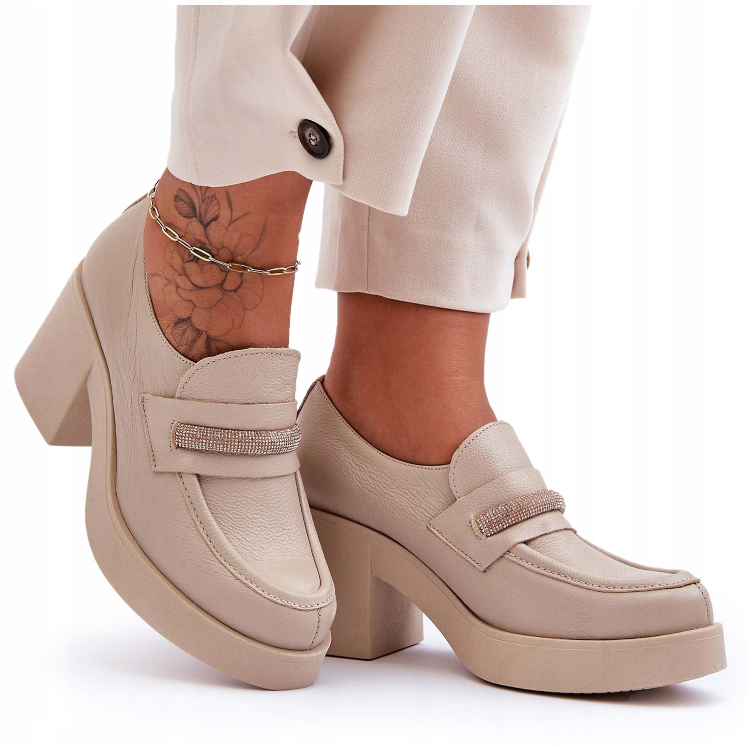 PÓŁBUTY DAMSKIE SKÓRZANE NA SŁUPKU BEŻOWE 40