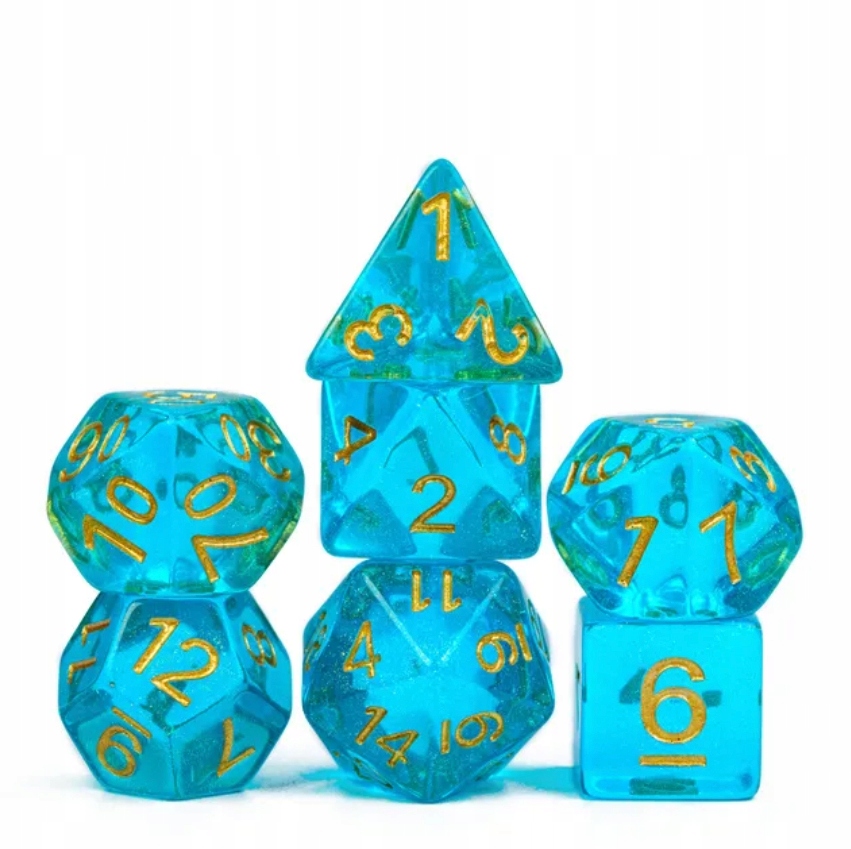 Zestaw 7 Kości z Żywicy Niebieski Złoty Nadruk D4-20 K20 Rpg D&D Mtg BG3