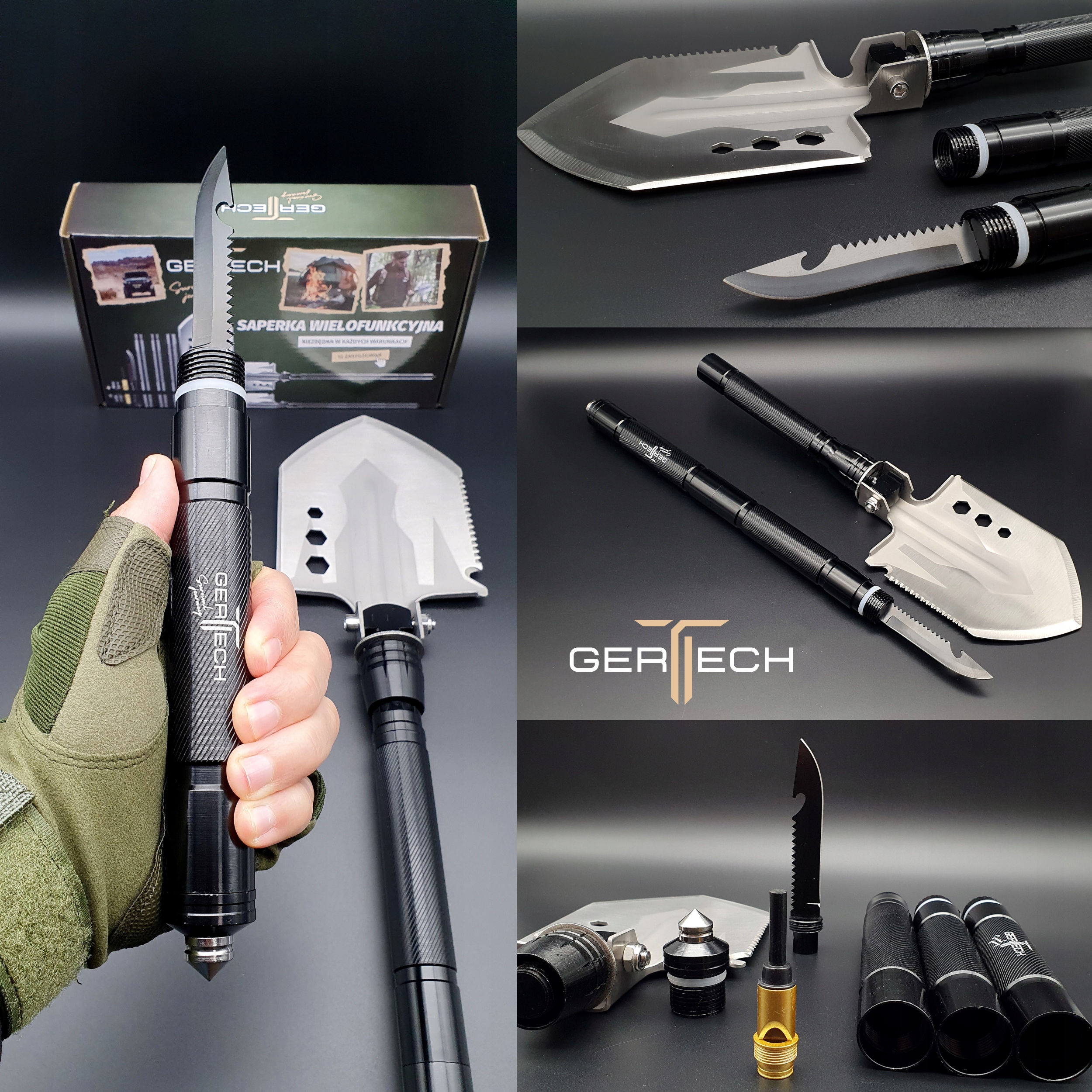 SAPERKA SKŁADANA Survival Łopata SZPADEL GERTECH Model SAPERKA WIELOFUNKCYJNA 16w1 GERTECH SURVIVAL