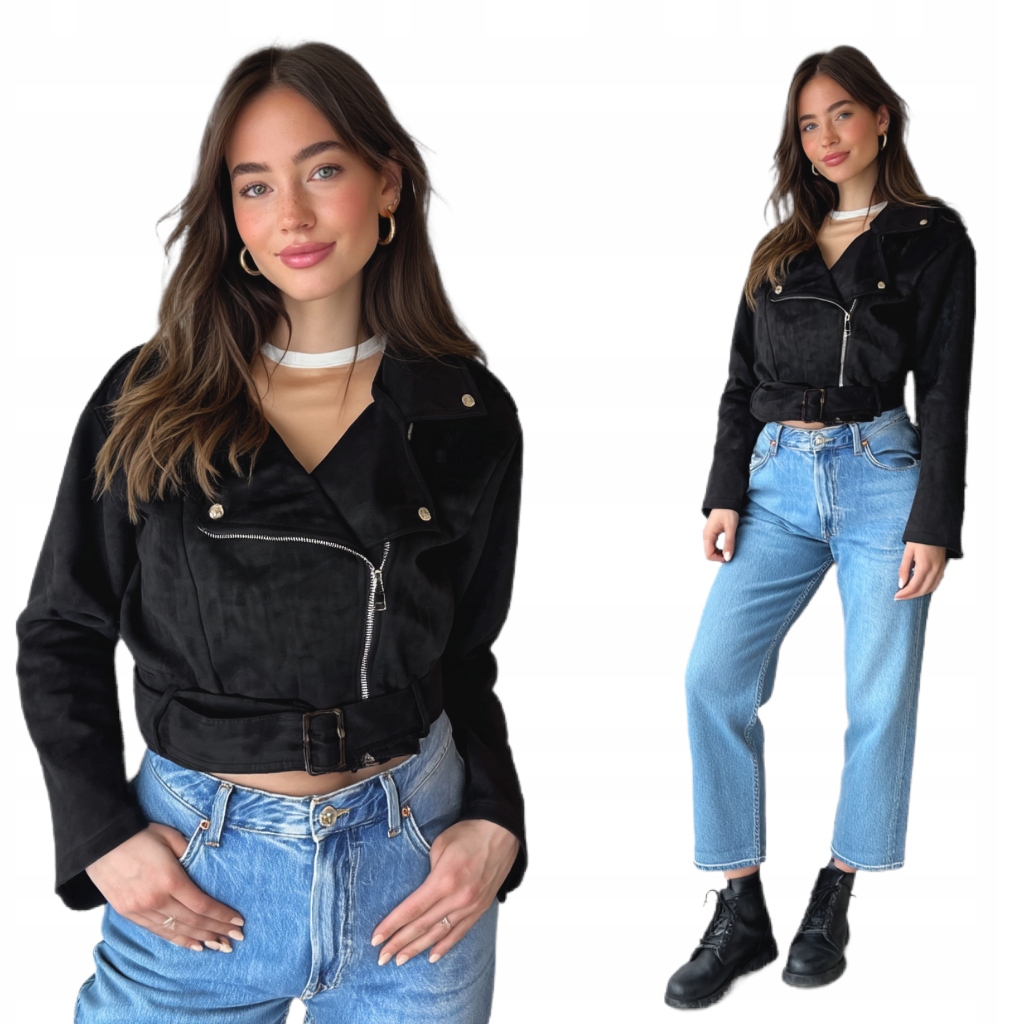 Kurtka Zamszowa Damska Czarna Ramoneska Biker Zarka Uni