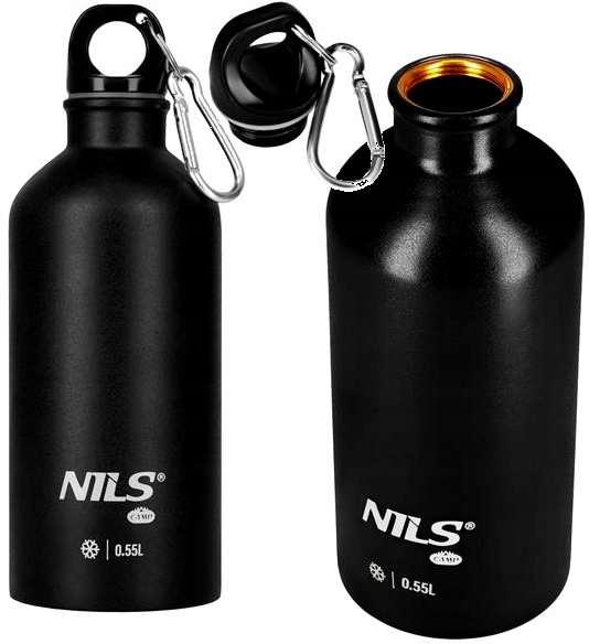 Czarna butelka stalowa Nils Camp 550 ml z uchwytem i karabińczykiem