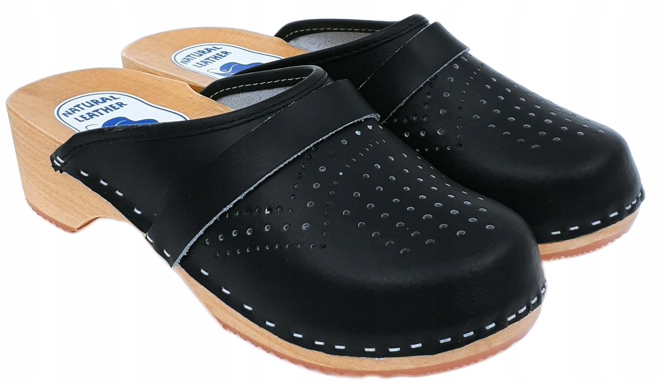 Drewniaki Pełne Ażurowe CZARNE Skórzane Klapki Chodaki Damskie Medyczne *35 Marka inna