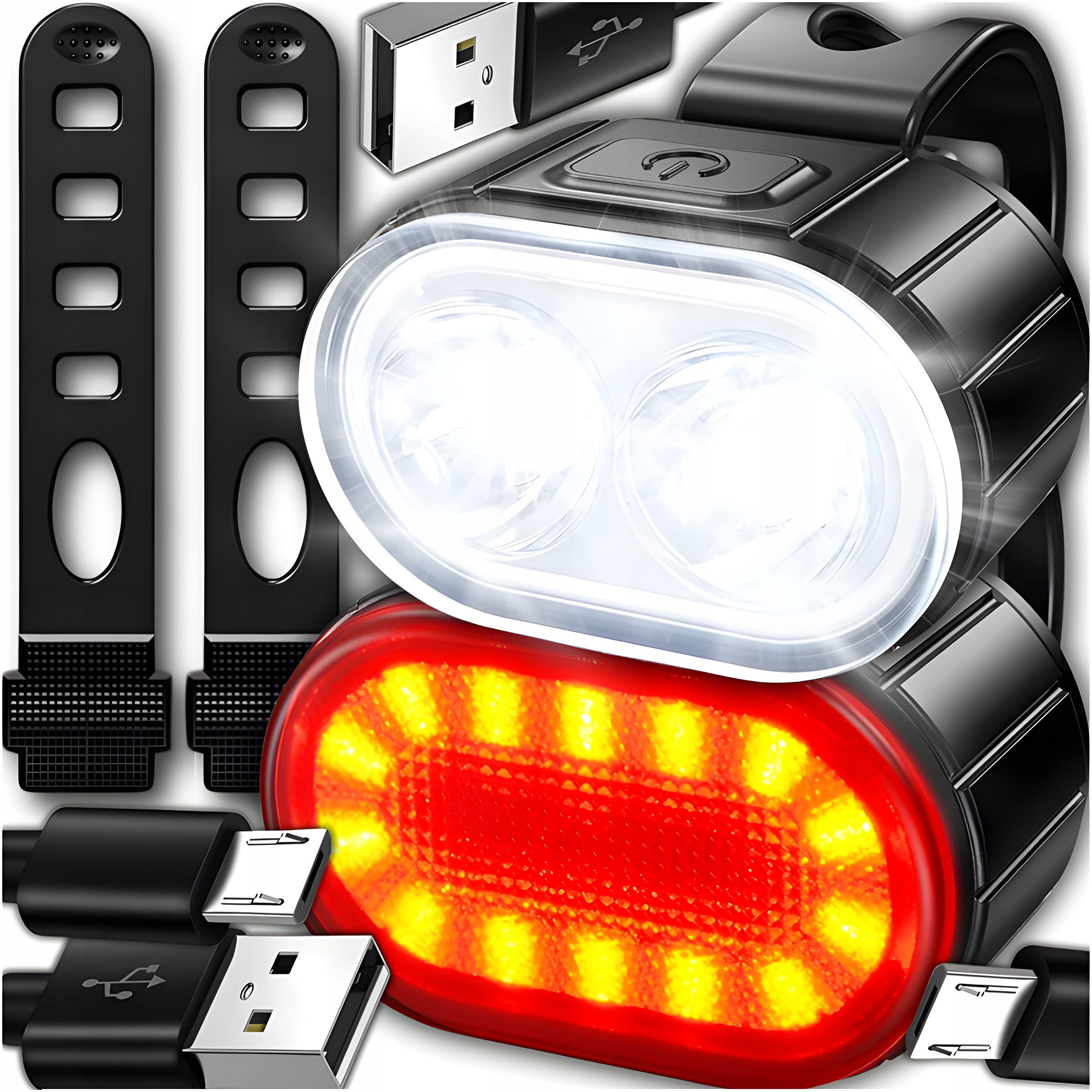 Mocna Lampka Rowerowa Przednia Tylna Led Wodoodporna Akumulator Usb Zestaw