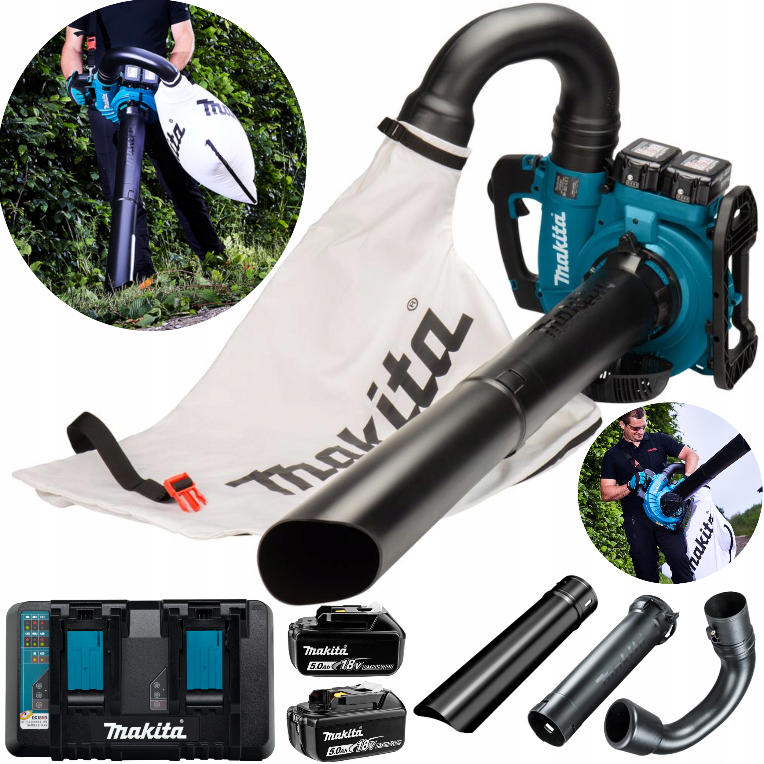 Dmuchawa Do Liści Odkurzacz Rozdrabianie Liści DUB363 Baterie 2X 5AH Mocna