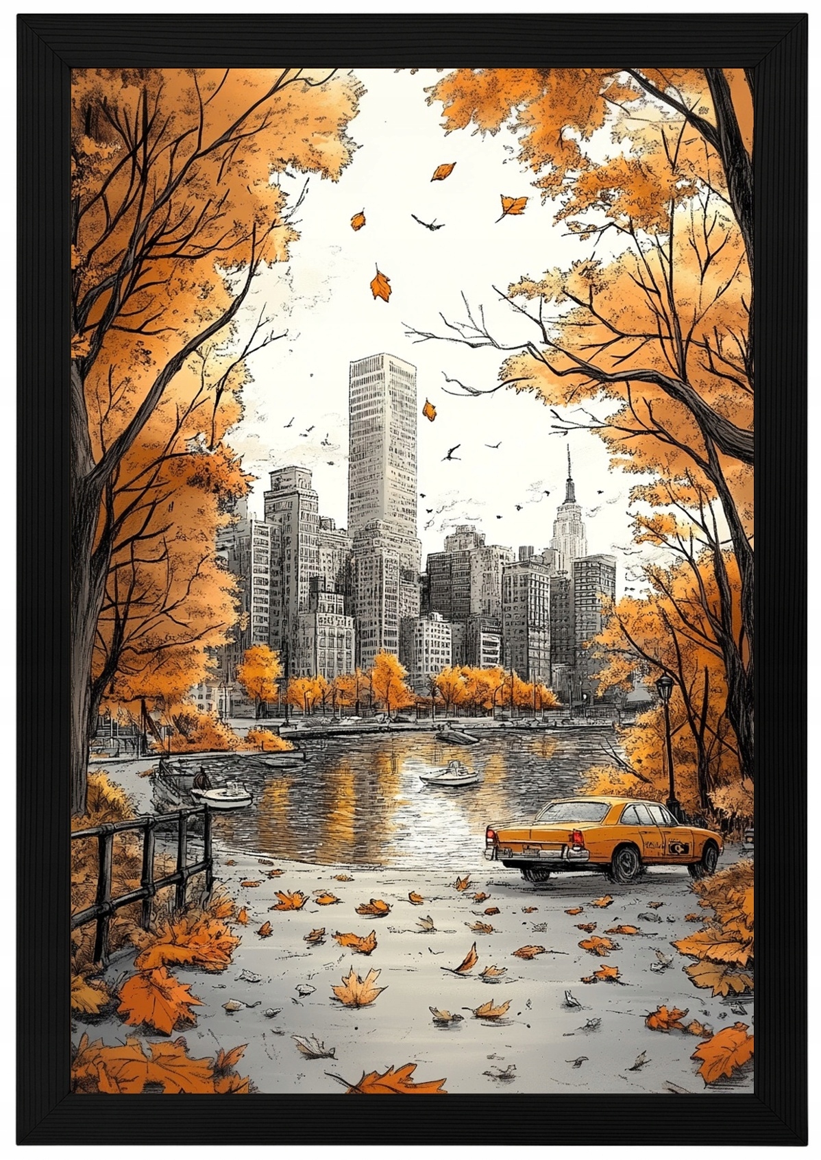 Plakát Rámeček Dřevo New York Manhattan Central Park Taxi Podzim 40x60