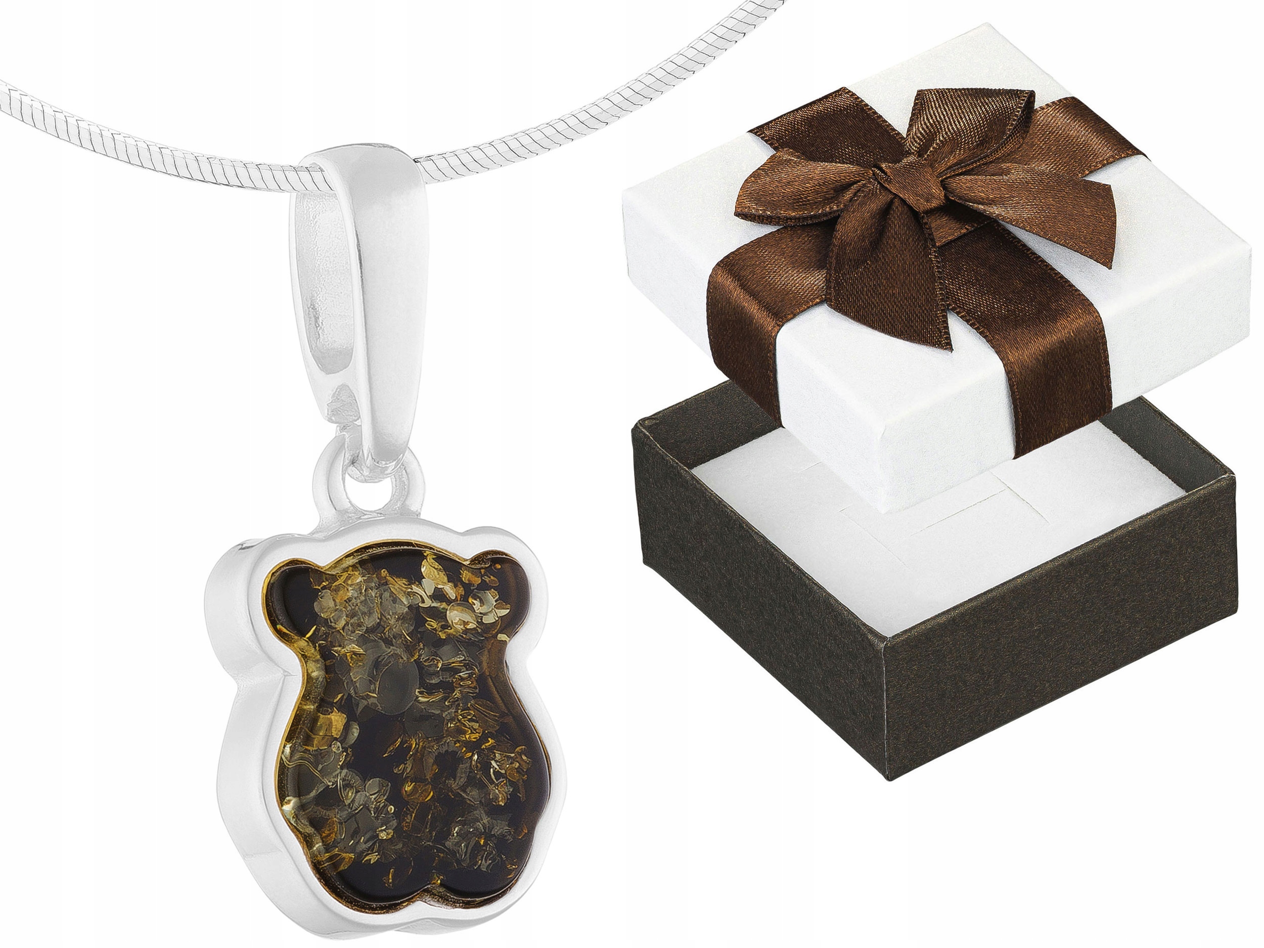 Krátký stříbrný dámský náhrdelník s medvídkem Zelený jantar Medvídek Choker 30 cm