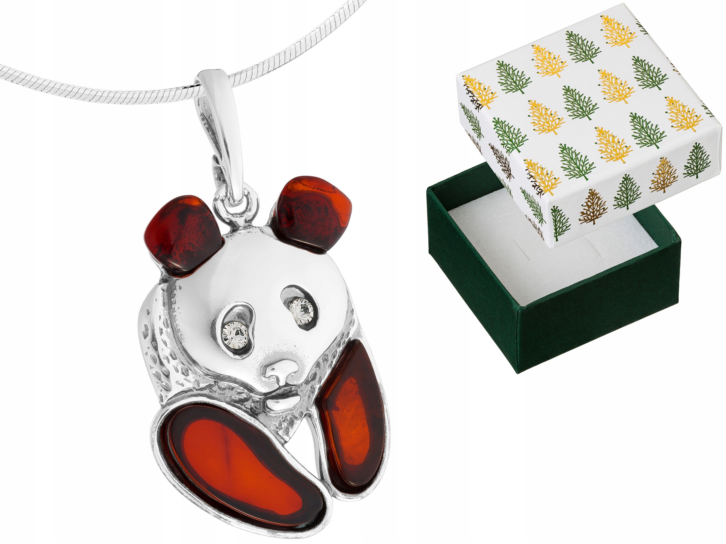 Stříbrný náhrdelník Panda Přívěsek s jantarem Přívěsek Medvídek Řetízek 80 cm