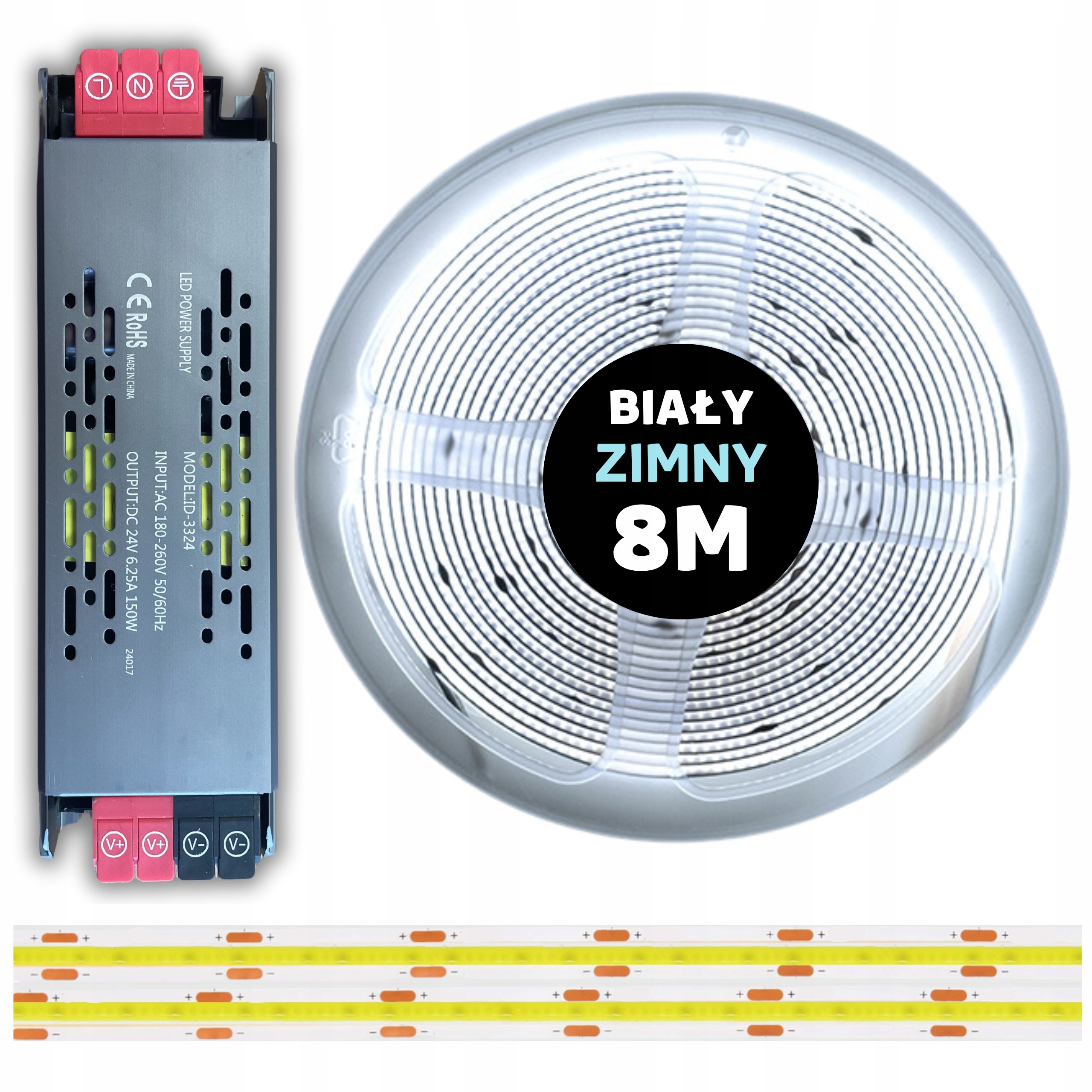 Sada 8M Cob Led pásikov 480 diód 6000K studená biela 24V 10W s napájacím zdrojom