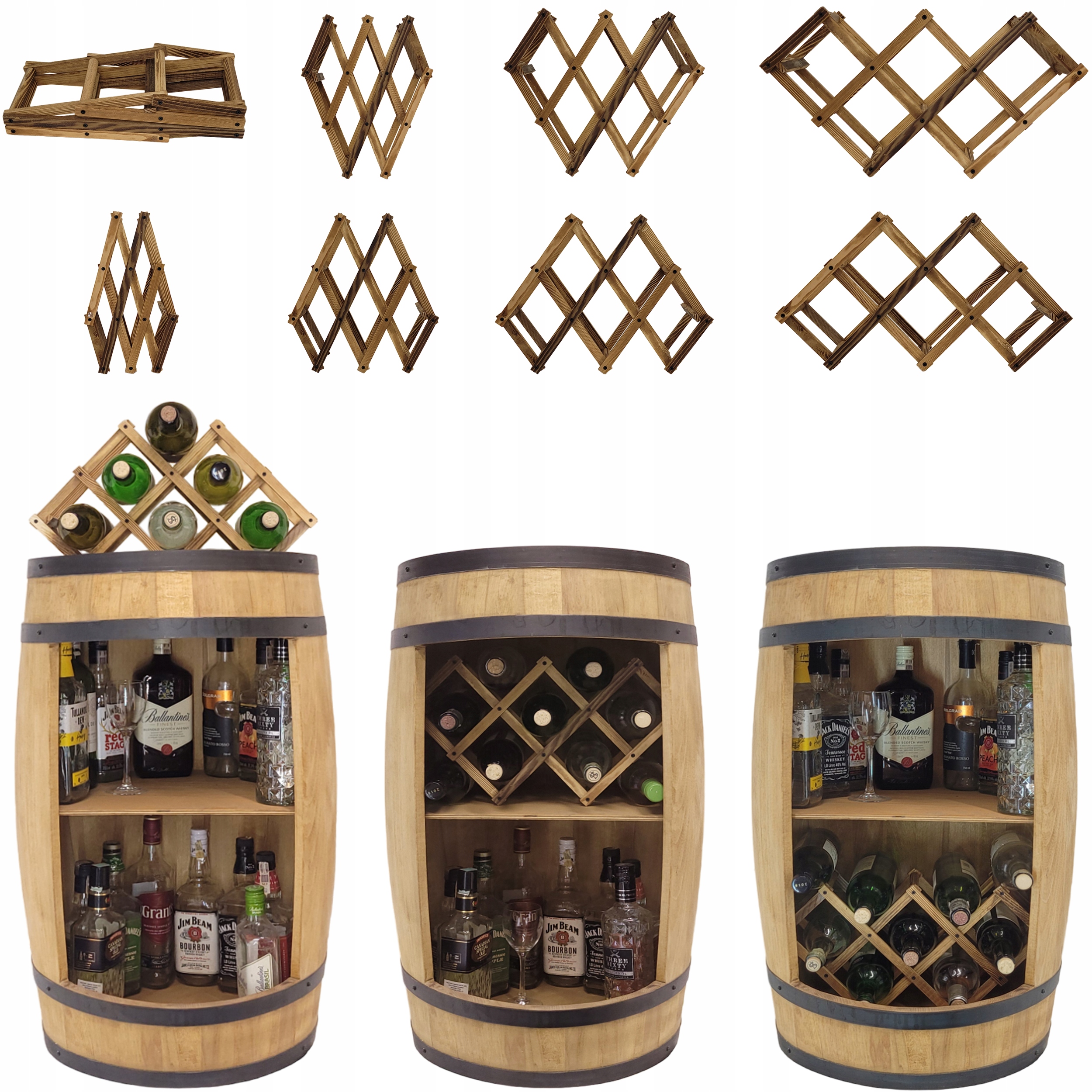 Beczka barek LED RGB ze stojakiem wino JASNY DĄB Materiał drewno