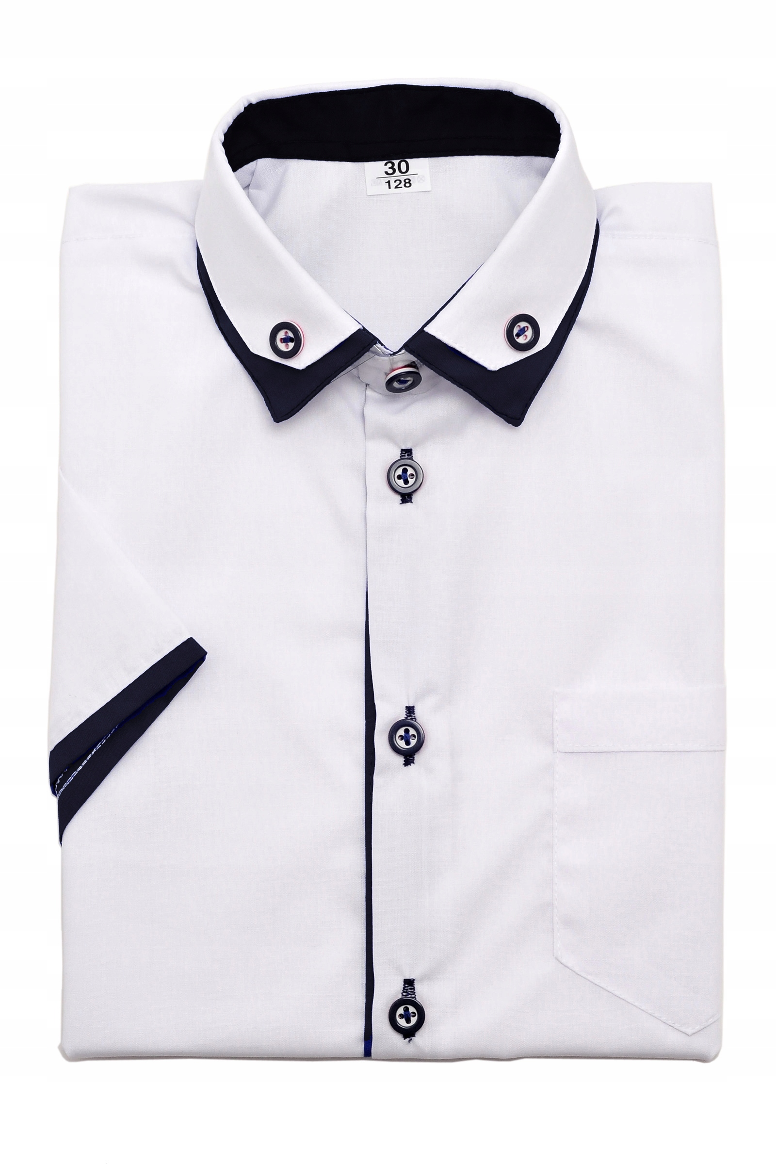 KOSZULA CHŁOPIĘCA BIAŁA Z KRÓTKIM I Z OBSZYCIEM RĘKAWEM ELEGANCKA 140