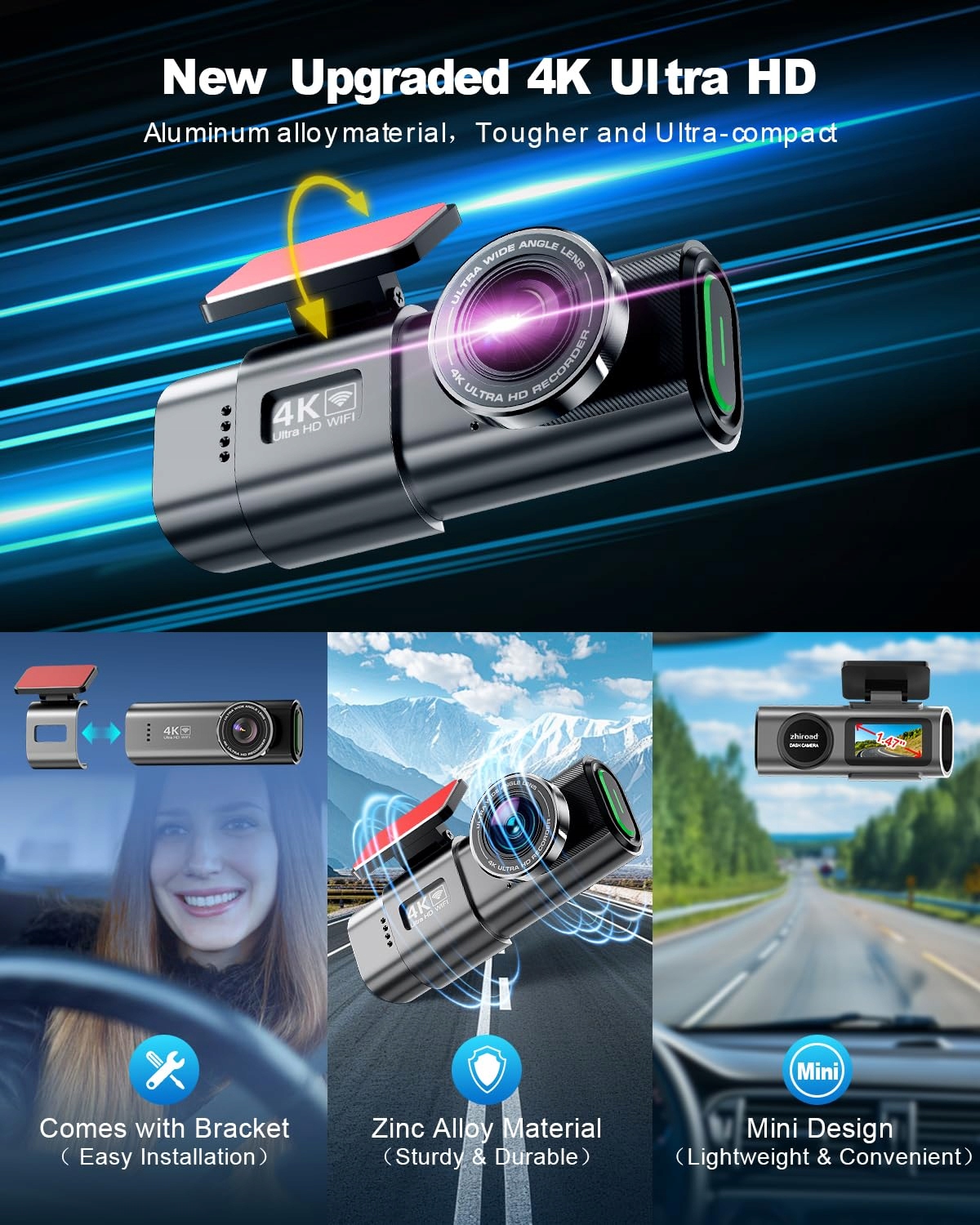 zhiroad Kamera Samochodowa 4K WiFi 170° Nocne Widzenie 64GB SD 24H Monitor — miniatura 4