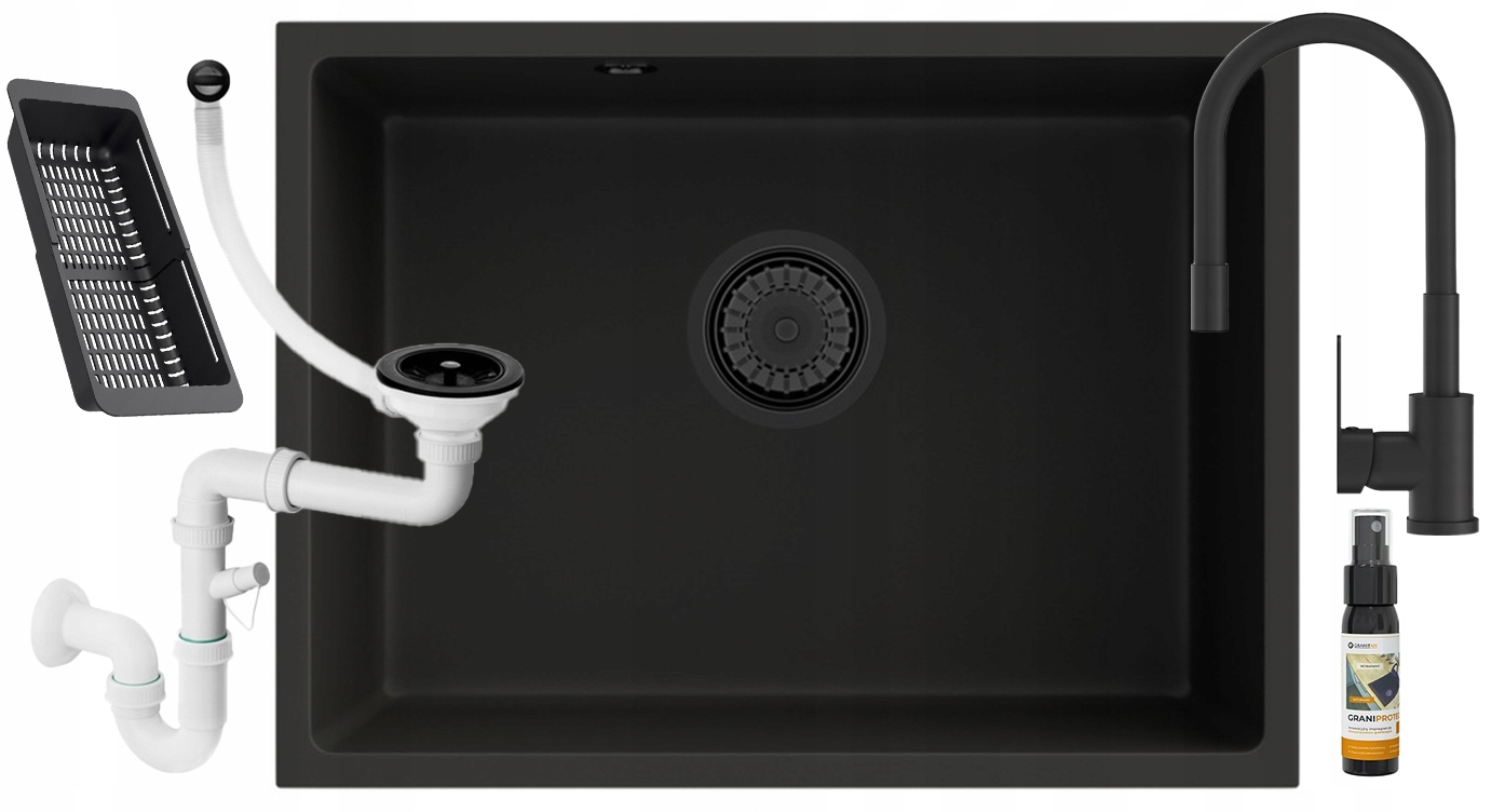 Granitový drez pod dosku čierny Manado 60 sada sifónová batéria